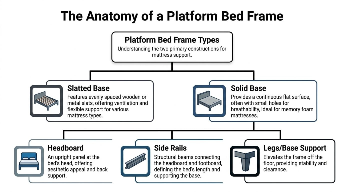 A diagram illustrating the anatomy of a platform bed frame, categorizing base types and structural components.