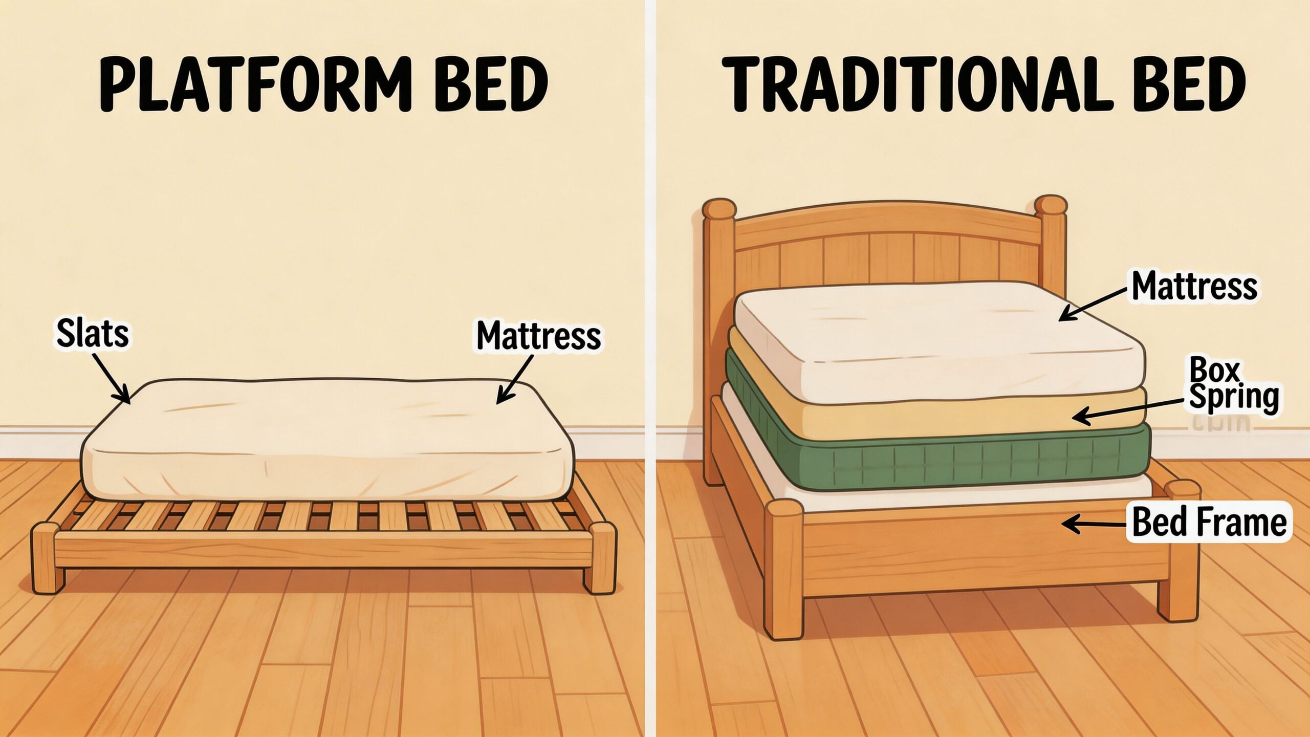 A diagram comparing a platform bed with slats to a traditional bed featuring a box spring base.