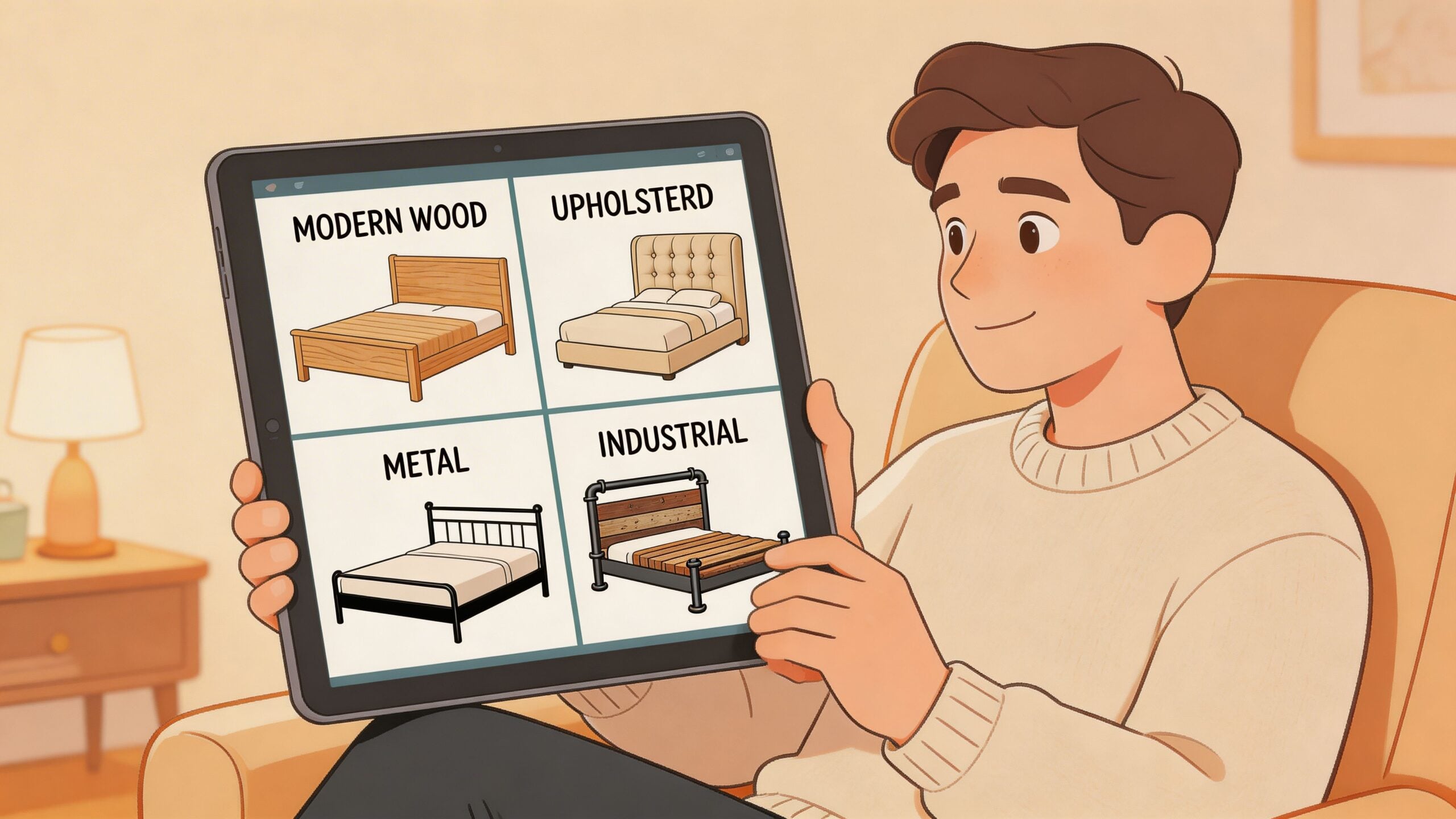 A young man holds a tablet displaying various bed frame styles including wood, upholstered, metal, and industrial designs.