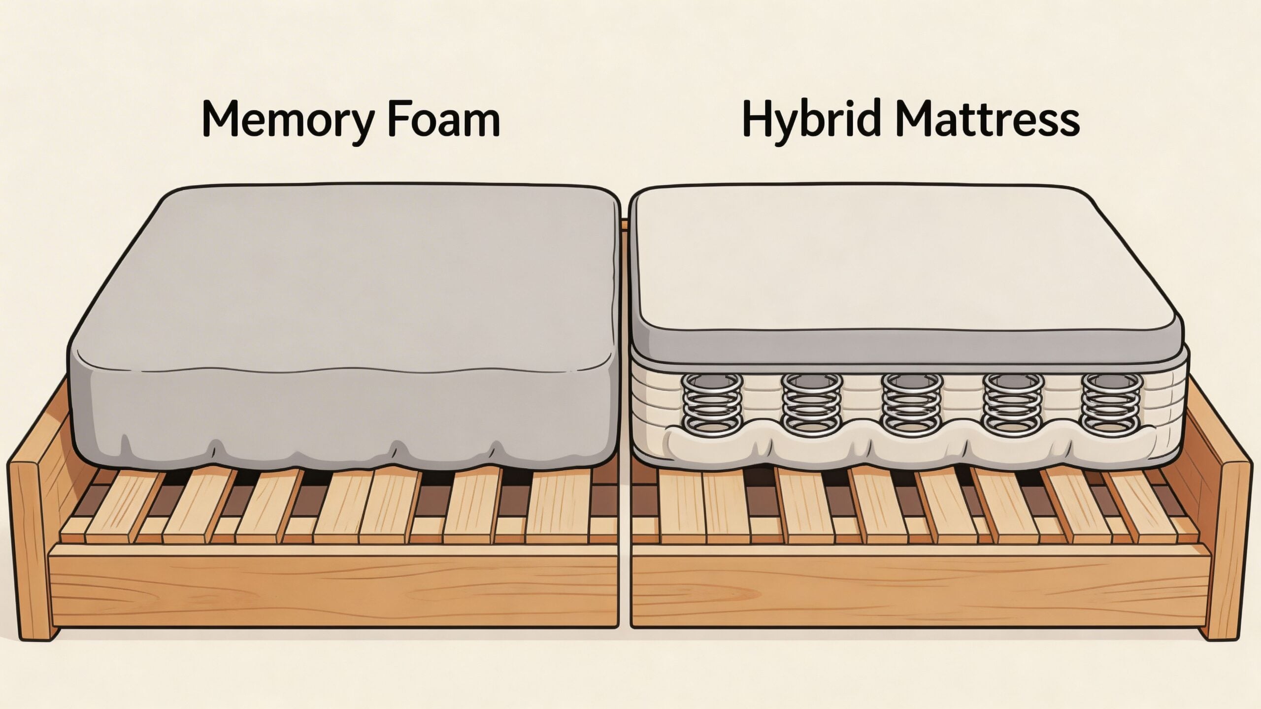 A side-by-side illustration comparing a memory foam mattress and a hybrid mattress on a platform bed frame.