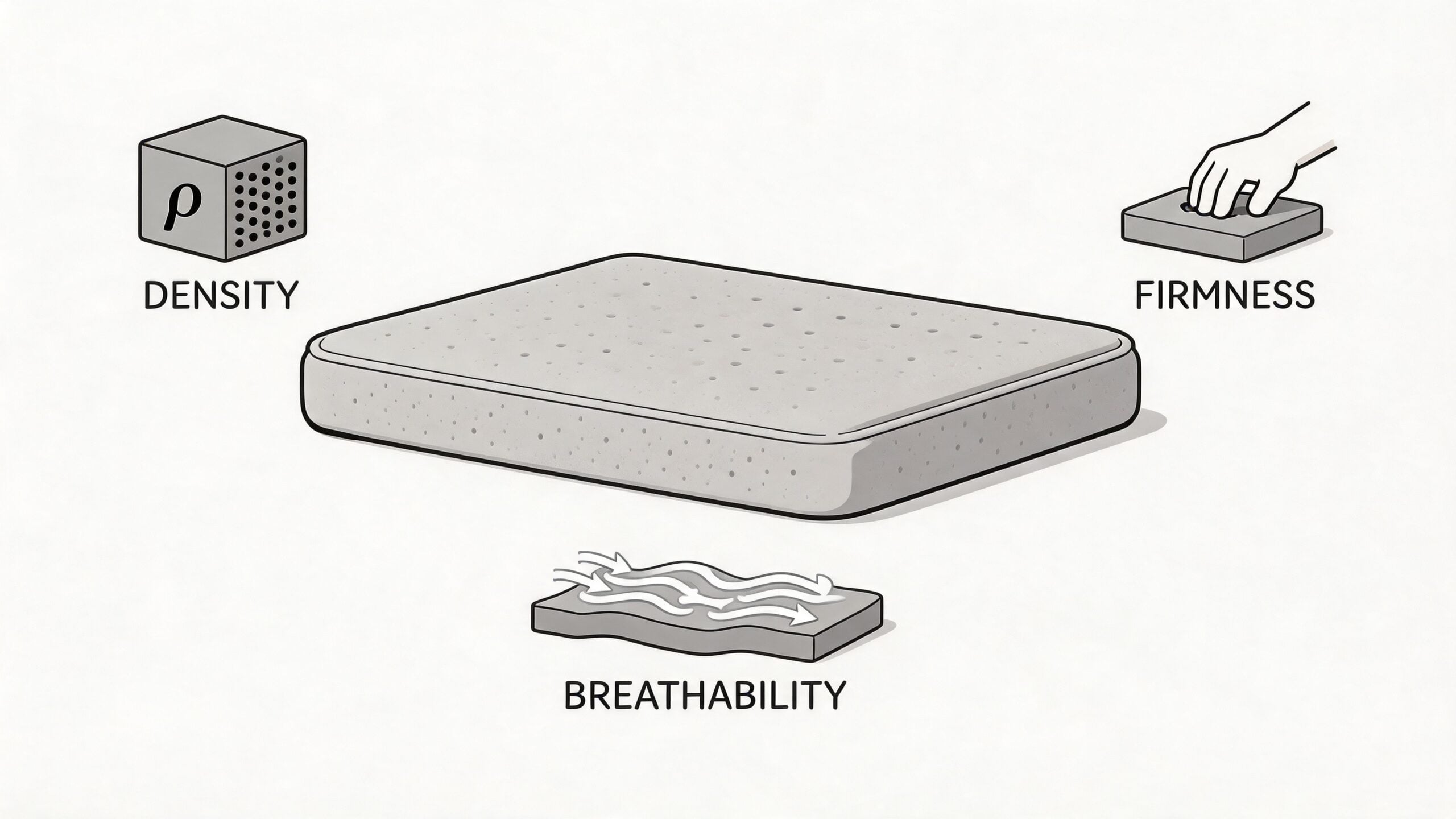 A diagram illustrating the key features of a mattress including its density, firmness, and overall breathability.