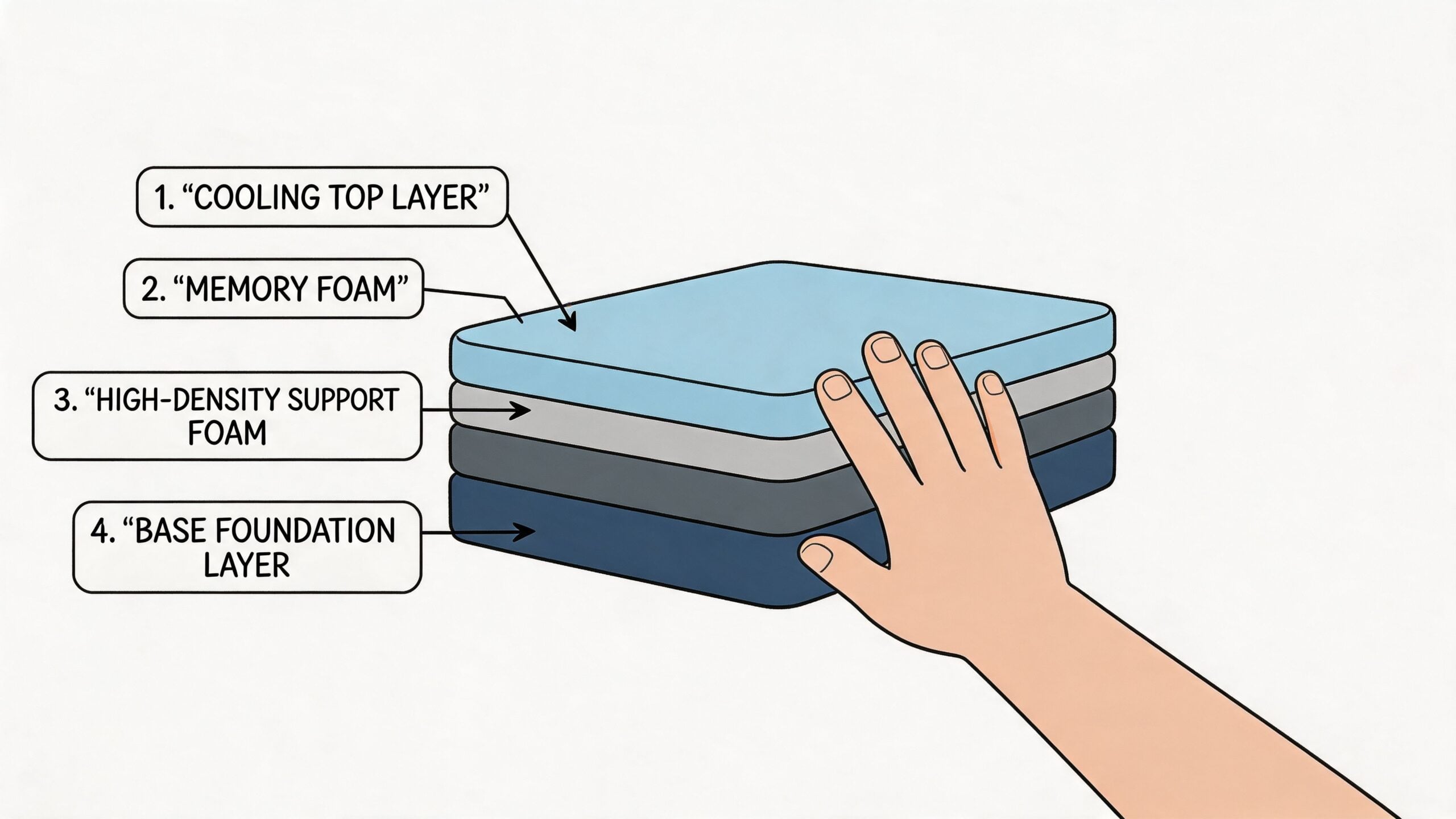 A hand rests on a mattress showing four layers including cooling top, memory foam, support foam, and foundation.