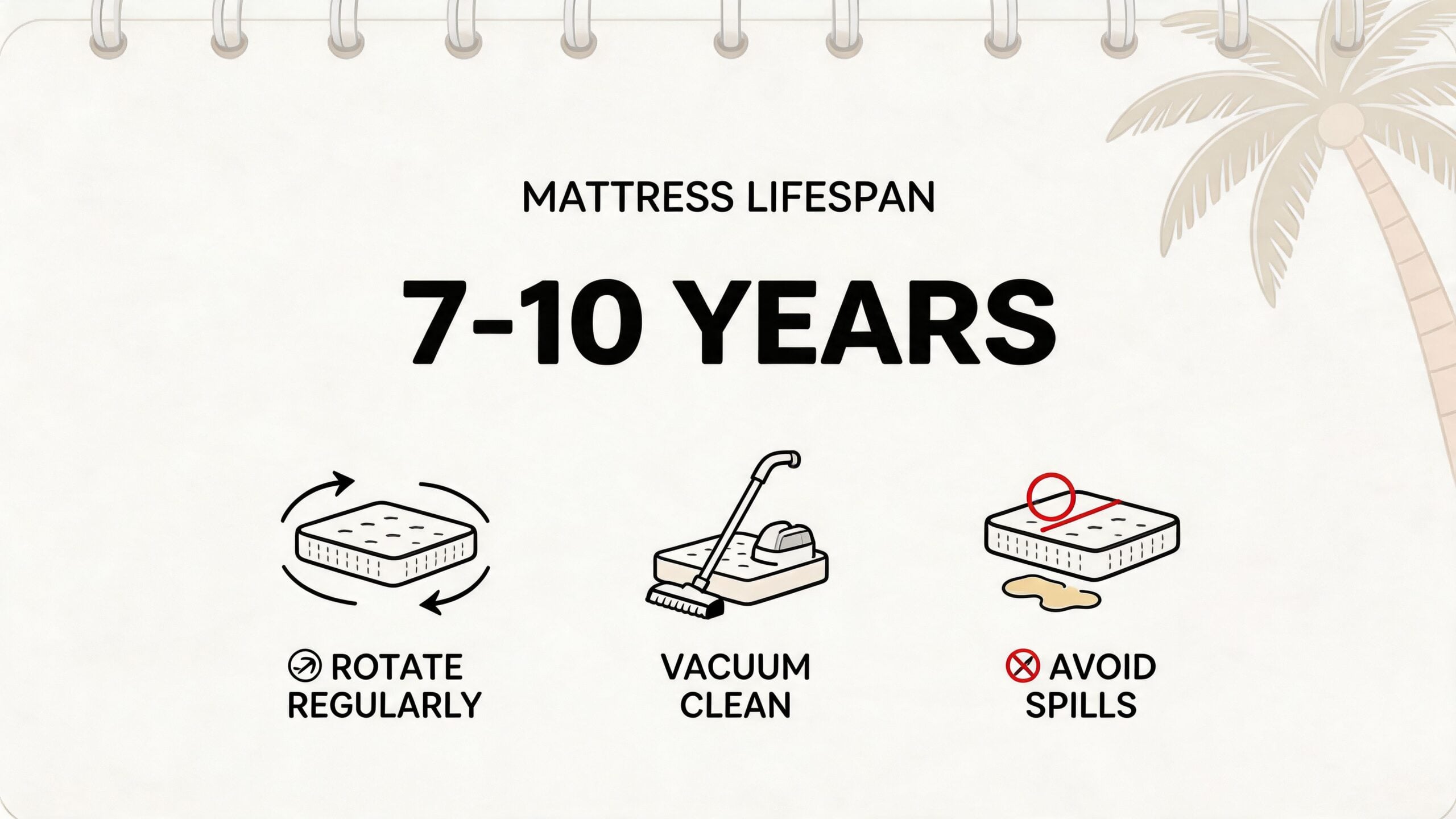 An infographic showing that a mattress lasts seven to ten years with maintenance tips like rotating and cleaning.