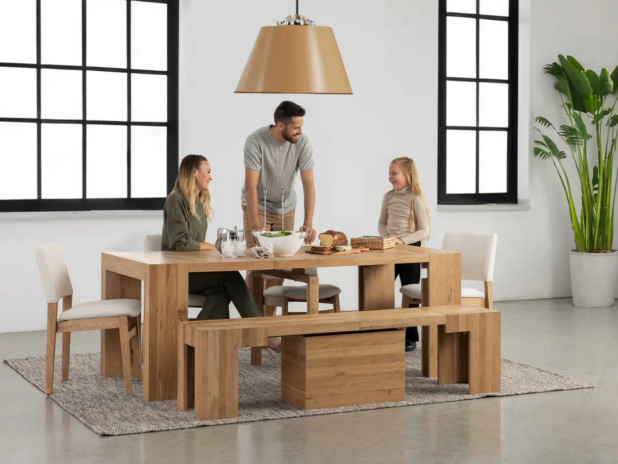 Transformer Extendable Dining Table, 4 Stackable Chairs & Bench In Scandinavian Oak - Image 8