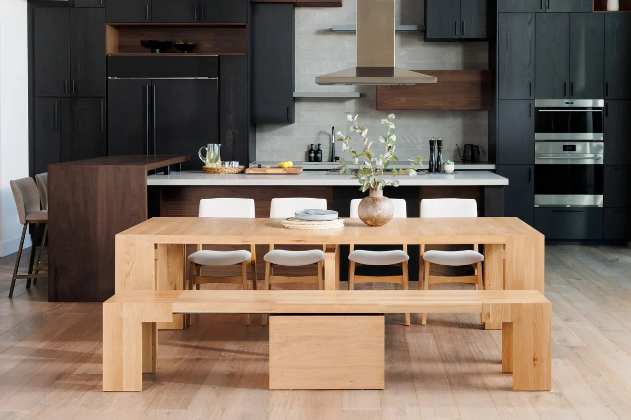 Transformer Extendable Dining Table, 4 Stackable Chairs & Bench In Scandinavian Oak - Image 7