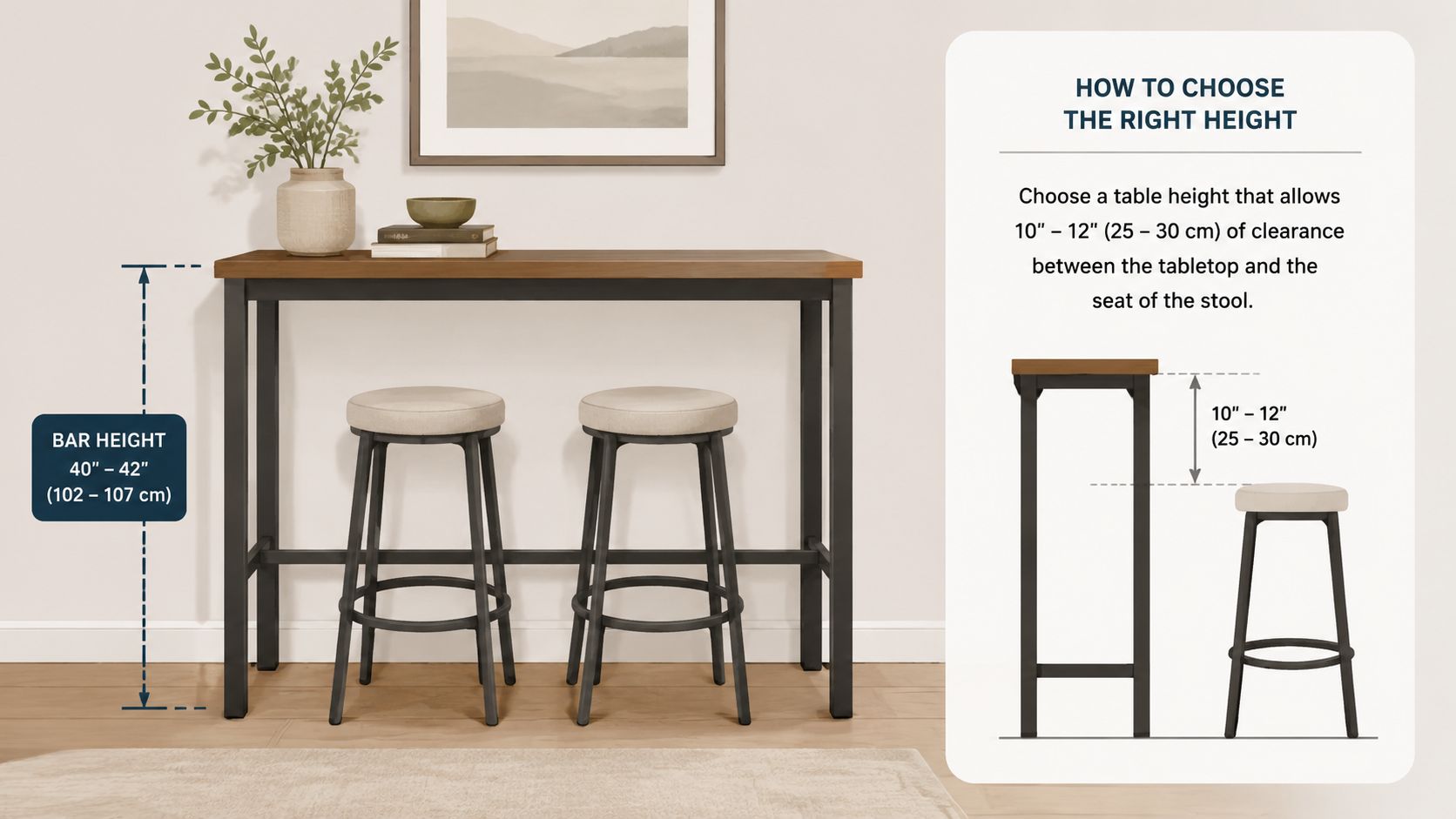 A modern rustic bar height console table with two matching stools set against a neutral wall.