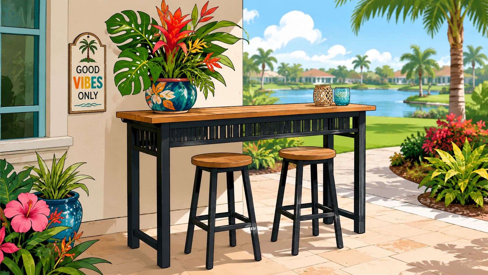 A modern bar height console table with two wooden stools on a sunny tropical patio overlooking water.