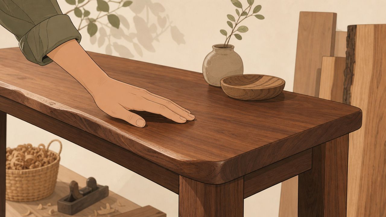 A close-up view of a hand touching the smooth, polished surface of a wooden console table.