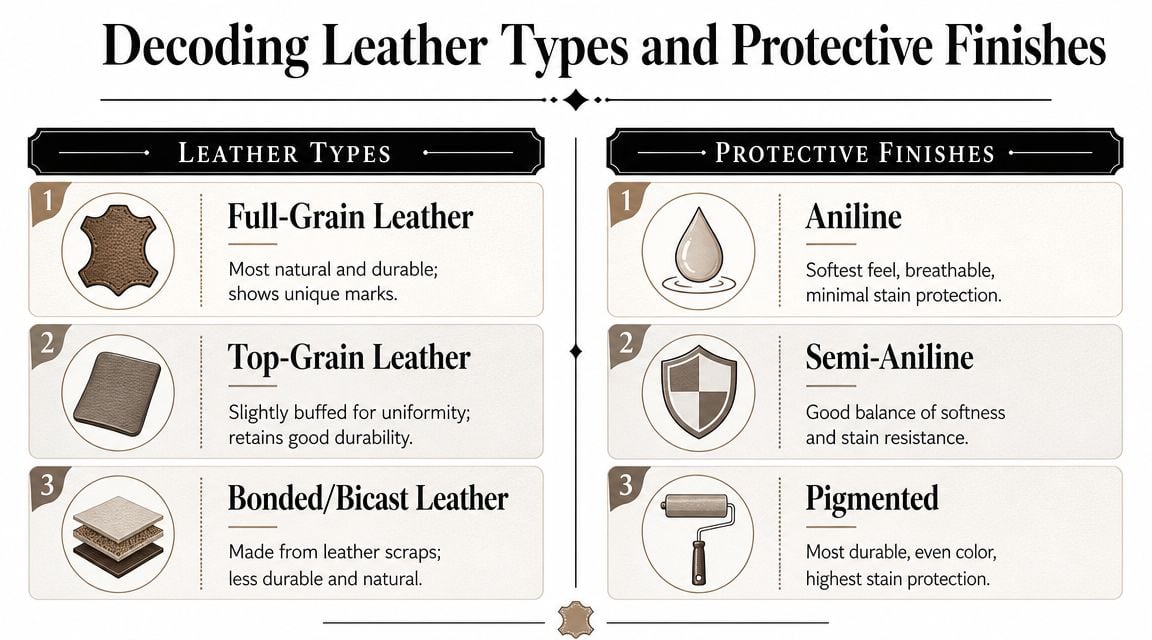 An infographic titled Decoding Leather Types and Protective Finishes detailing various leather qualities and finish protection levels.
