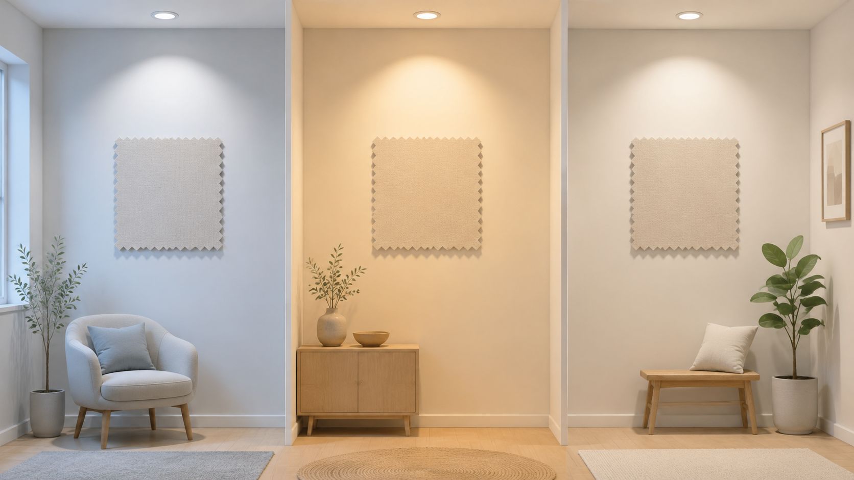 A modern room divided into three sections with different lighting temperatures and stylish minimalist furniture pieces.