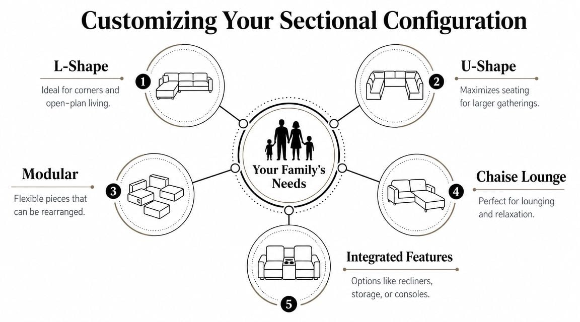 A diagram illustrating five different sofa configurations centered around the needs of a family.
