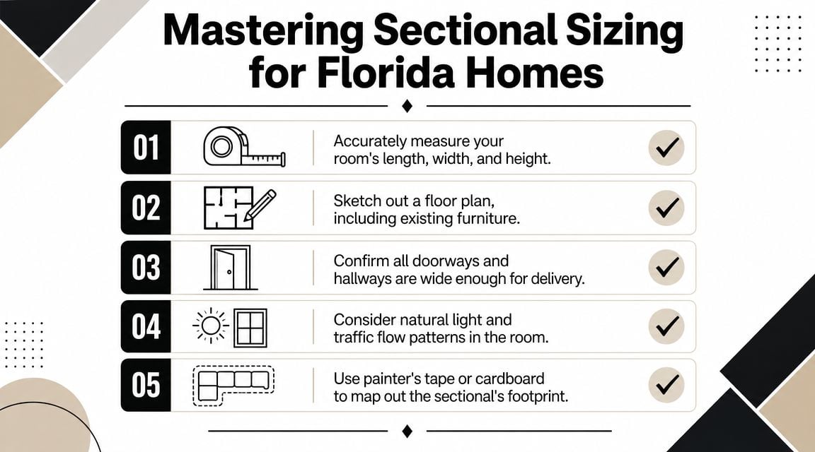 A guide infographic for mastering sectional sofa sizing in Florida homes with five numbered steps.
