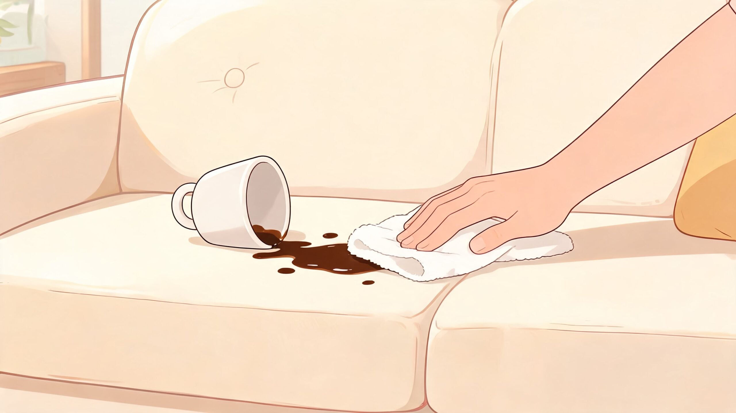 A person wiping up a coffee spill from a beige couch using a clean white cloth.