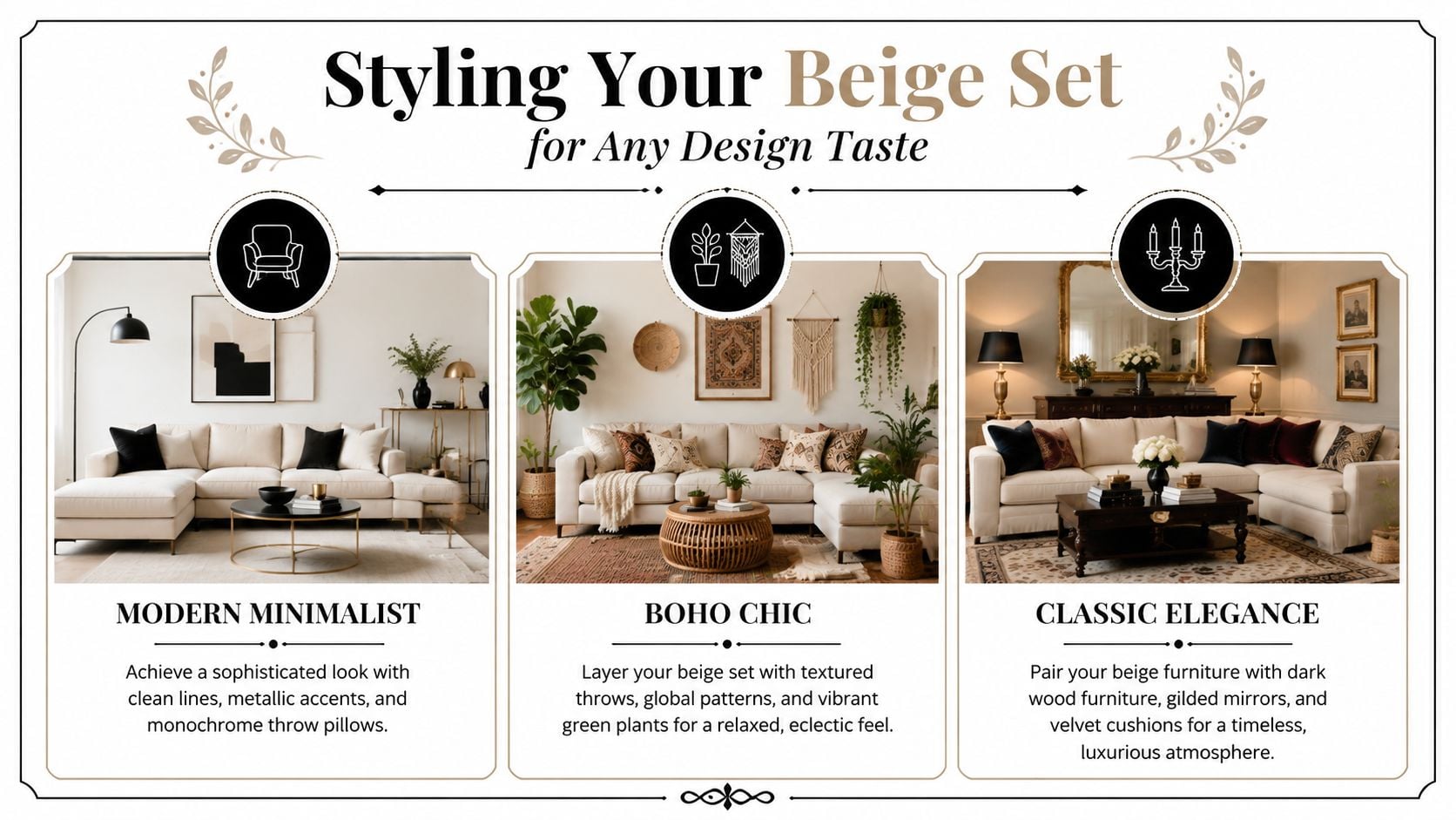 A design infographic showing three ways to style a beige living room set: modern, boho, and classic.