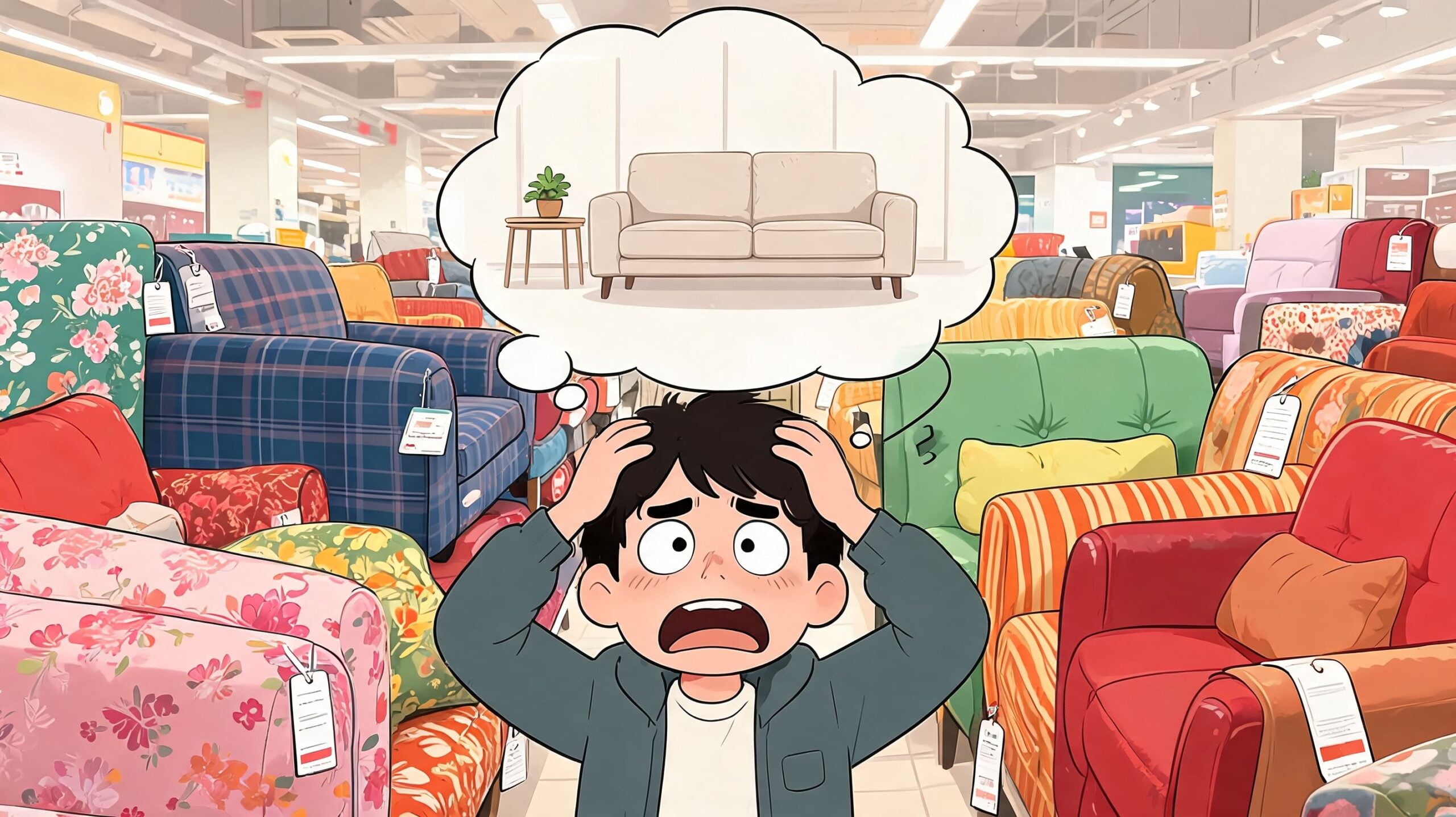 A distressed person in a crowded furniture store feeling overwhelmed while imagining a simple beige sofa.