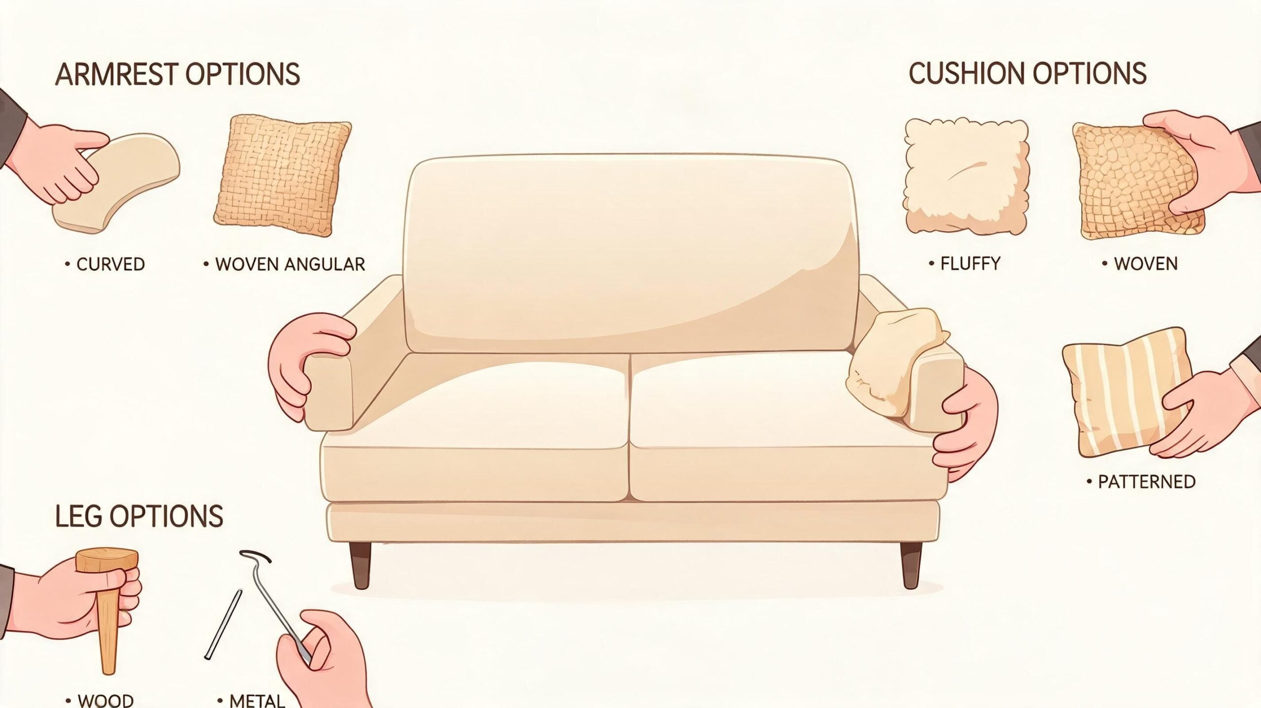 A diagram showcasing various customization choices for a beige sofa including armrests, legs, and decorative cushions.
