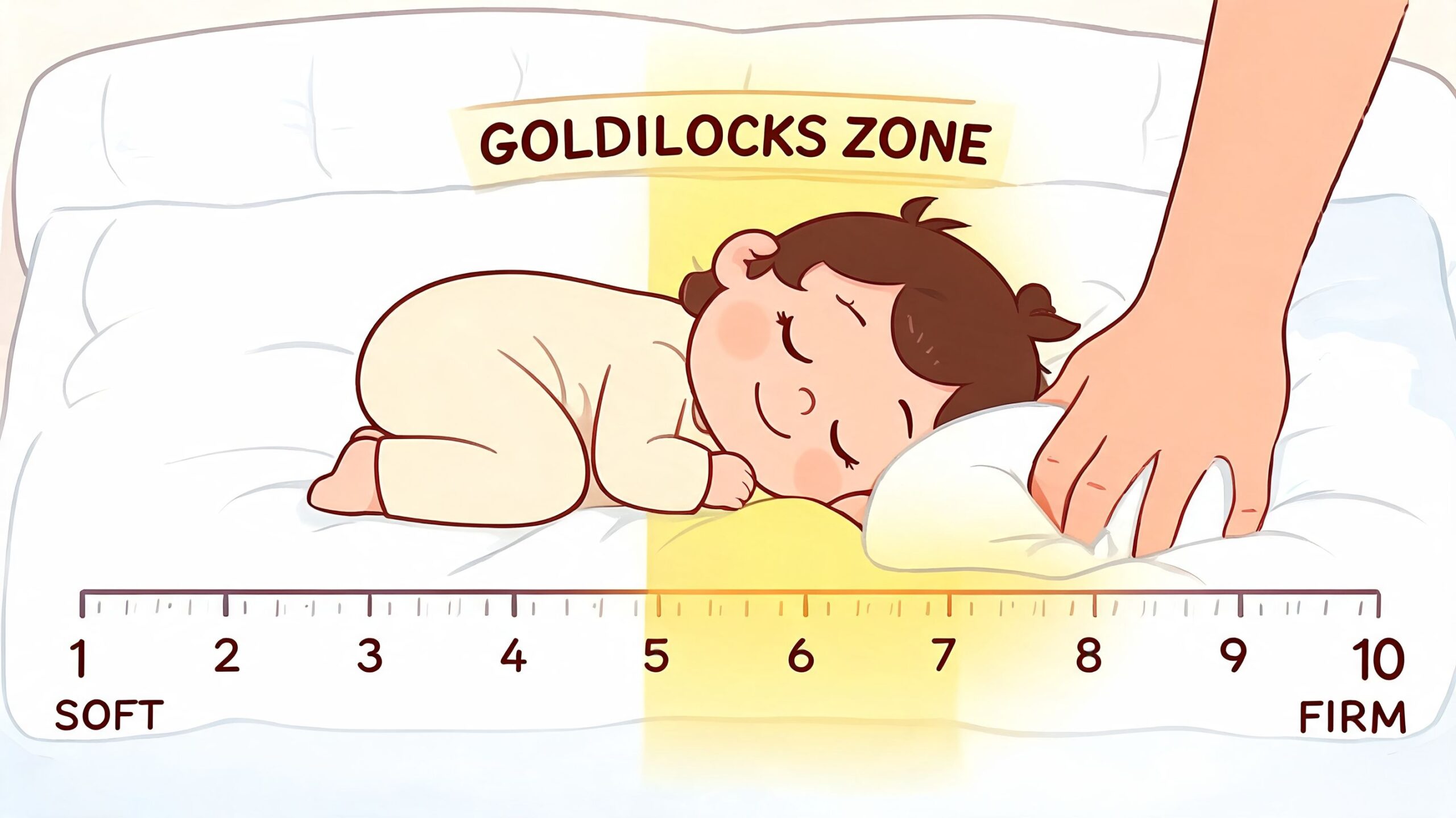 A baby sleeping on a mattress with a scale showing the ideal firm Goldilocks zone for comfort.