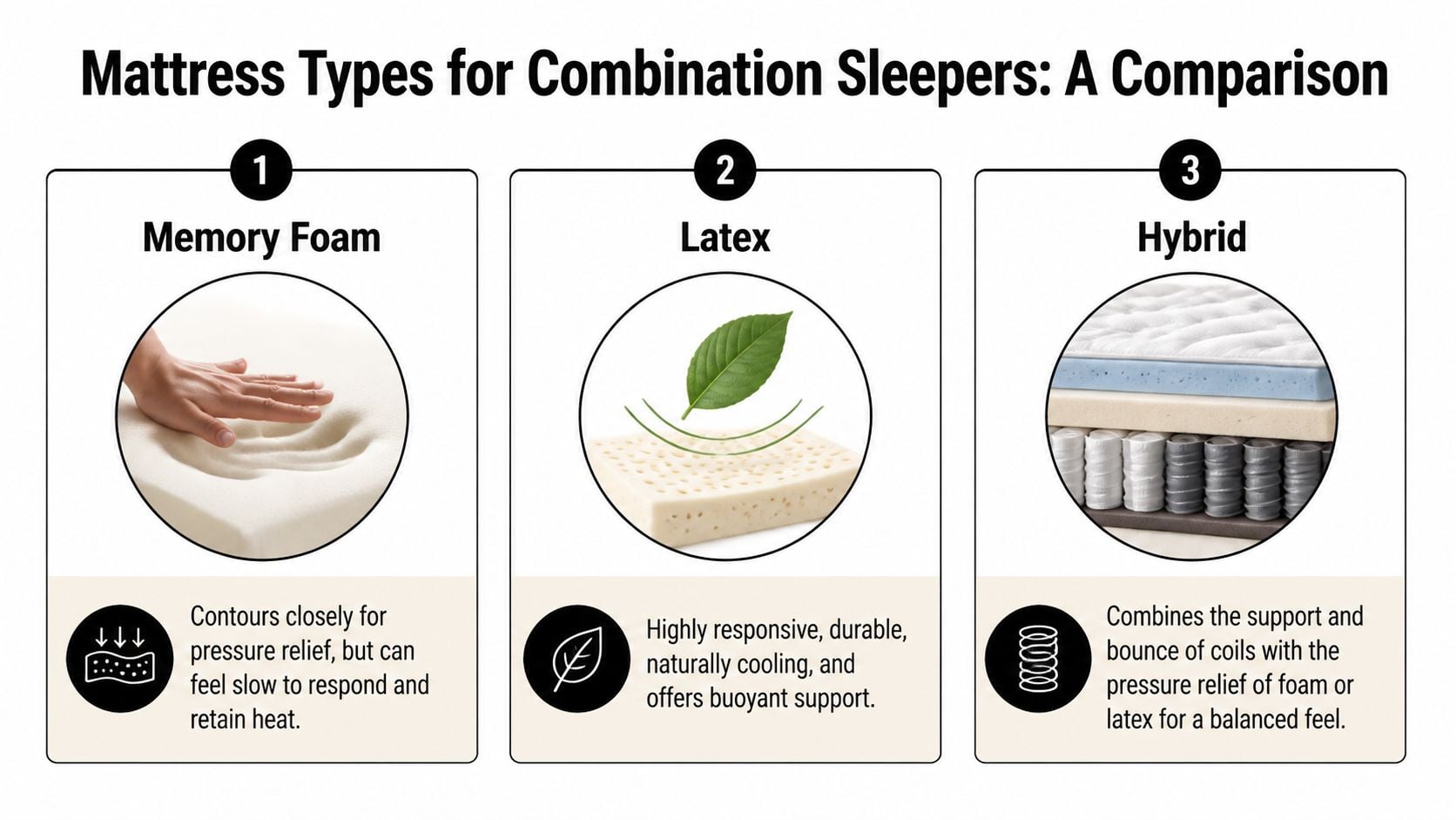 A comparison infographic showing the three main types of mattresses for combination sleepers: memory foam, latex, and hybrid.