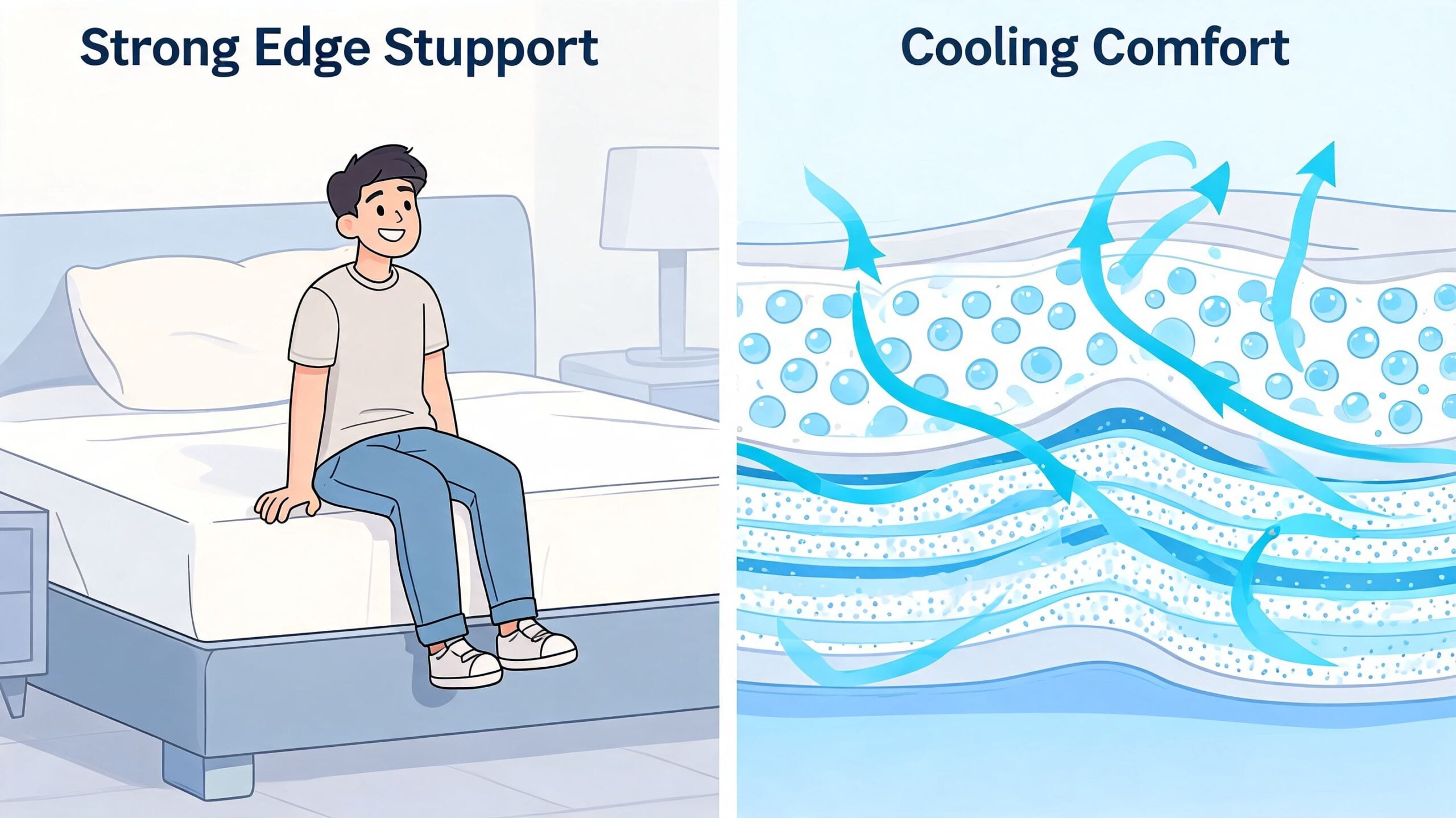 A split illustration showing a person sitting on a mattress edge and a cross-section demonstrating cooling mattress comfort.