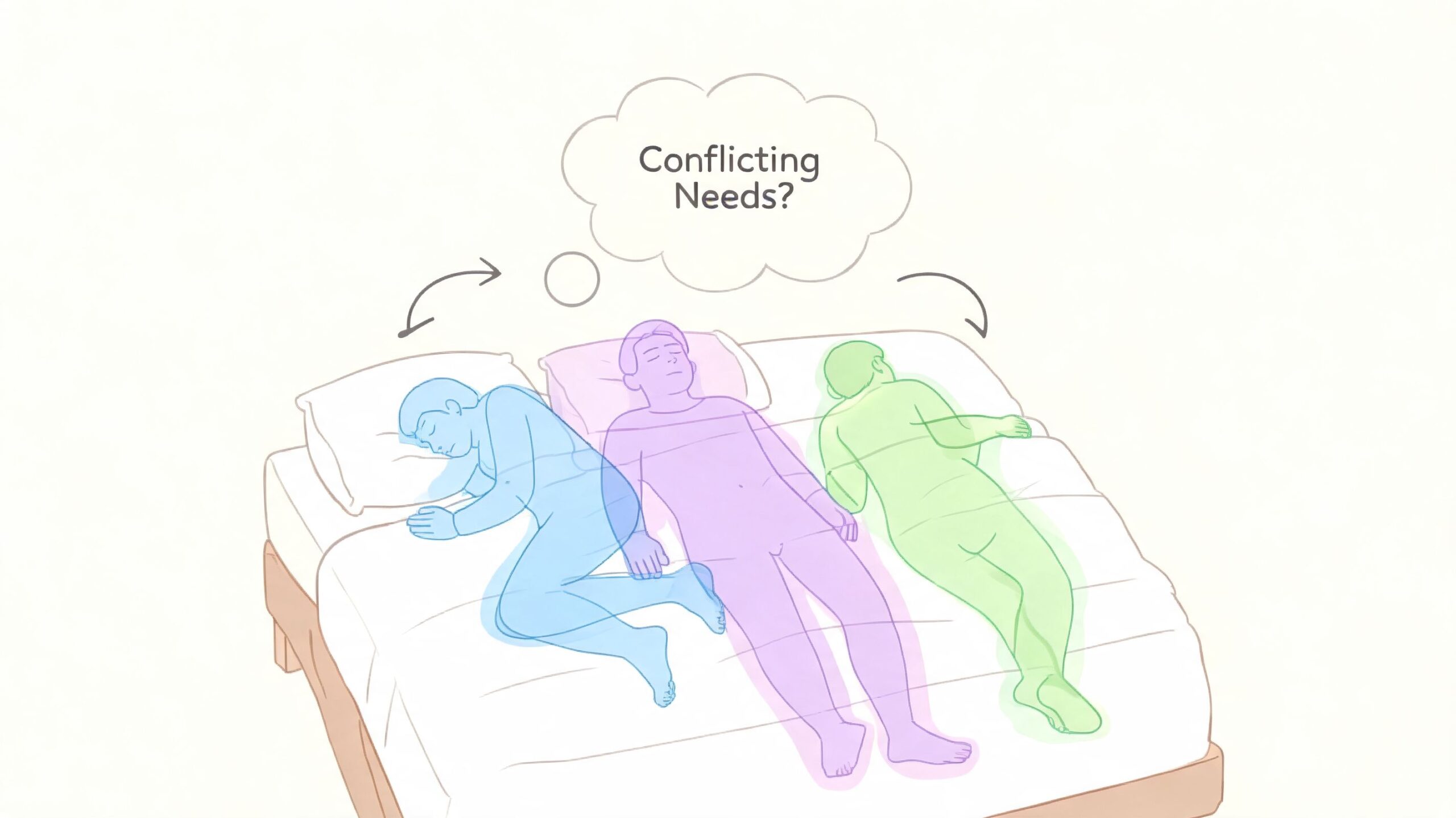 An illustration showing a person in bed moving through different sleeping positions with the text Conflicting Needs.