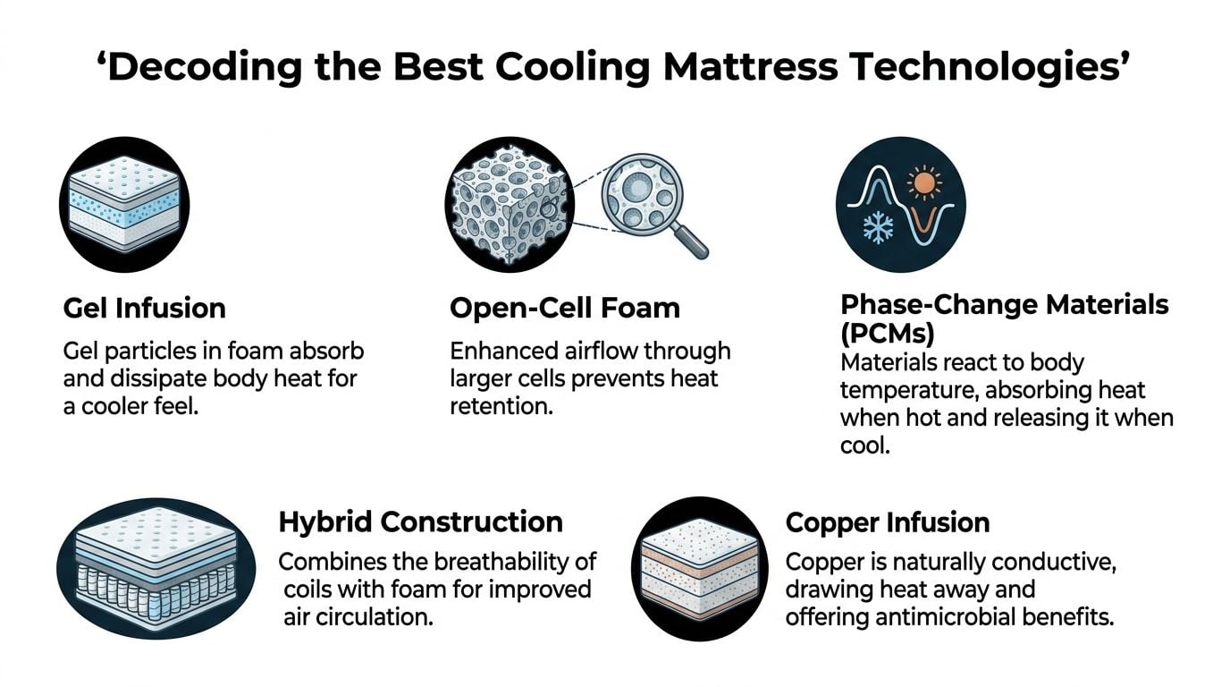 An educational infographic illustrating five cooling mattress technologies, including gel, open-cell foam, phase-change materials, hybrid, and copper.