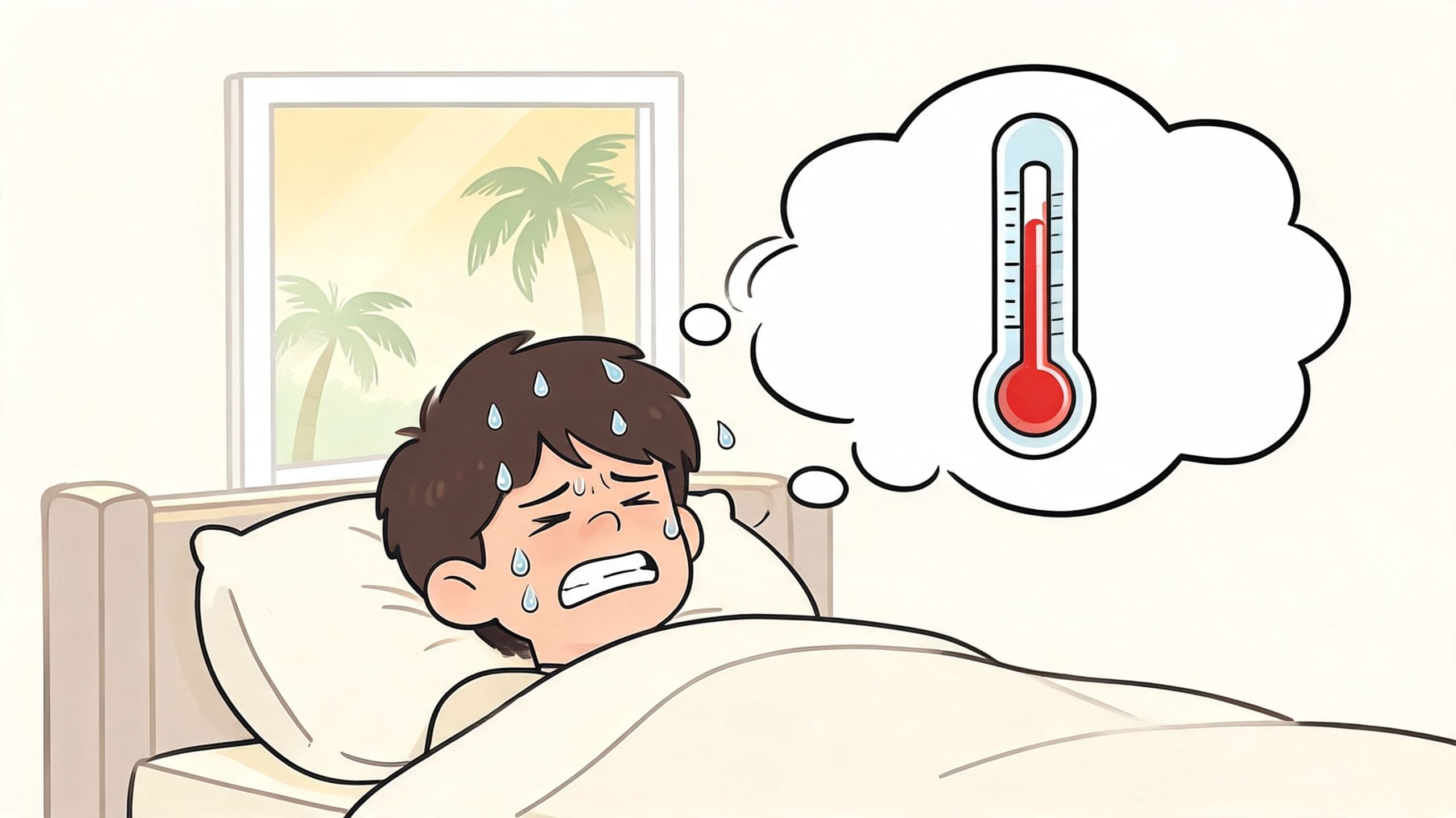 An illustration of a young person sweating in bed, thinking about high temperature and feeling overheated.