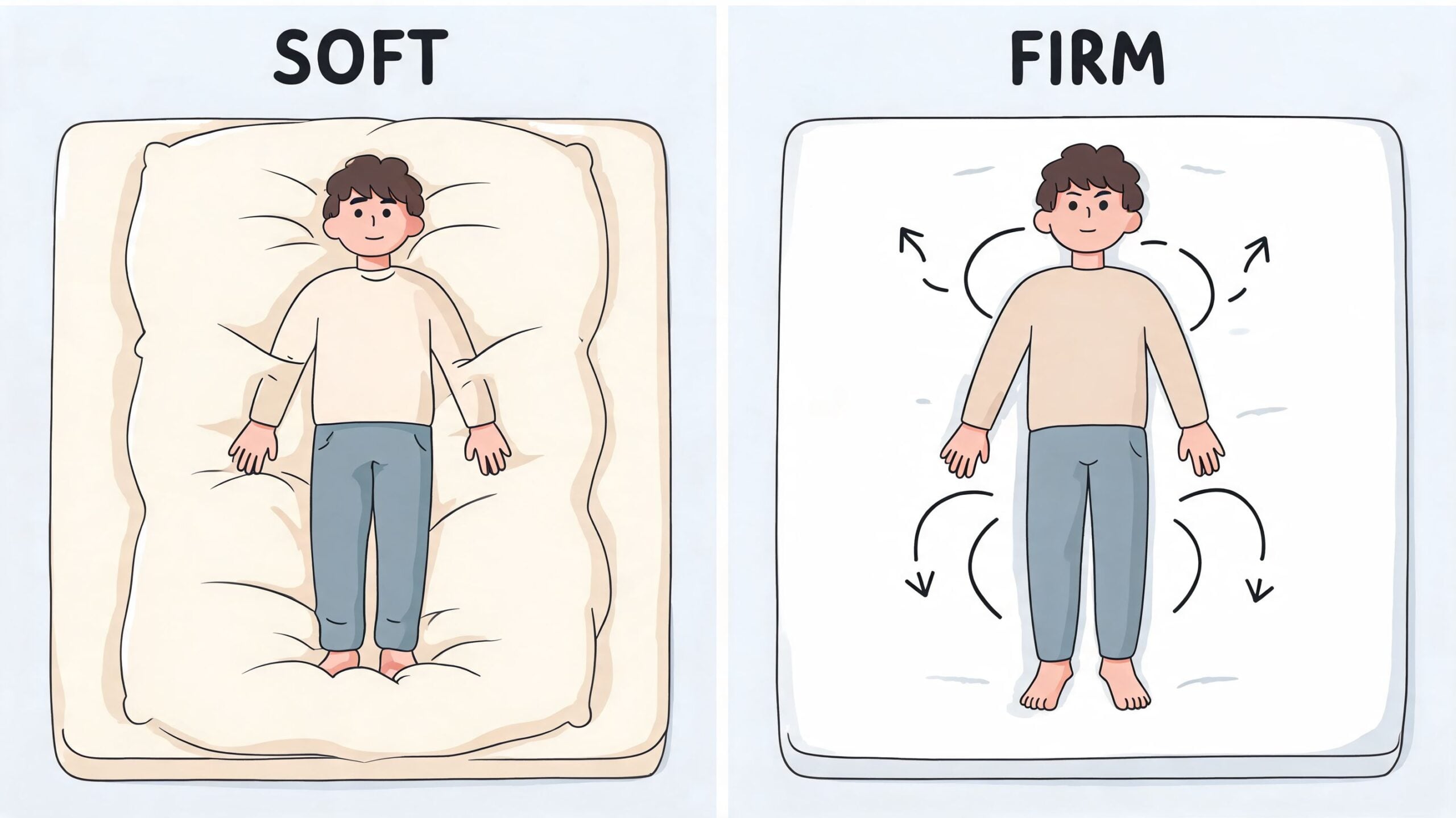 A split image comparing a person lying on a soft, sinking mattress versus a firm, supportive mattress.