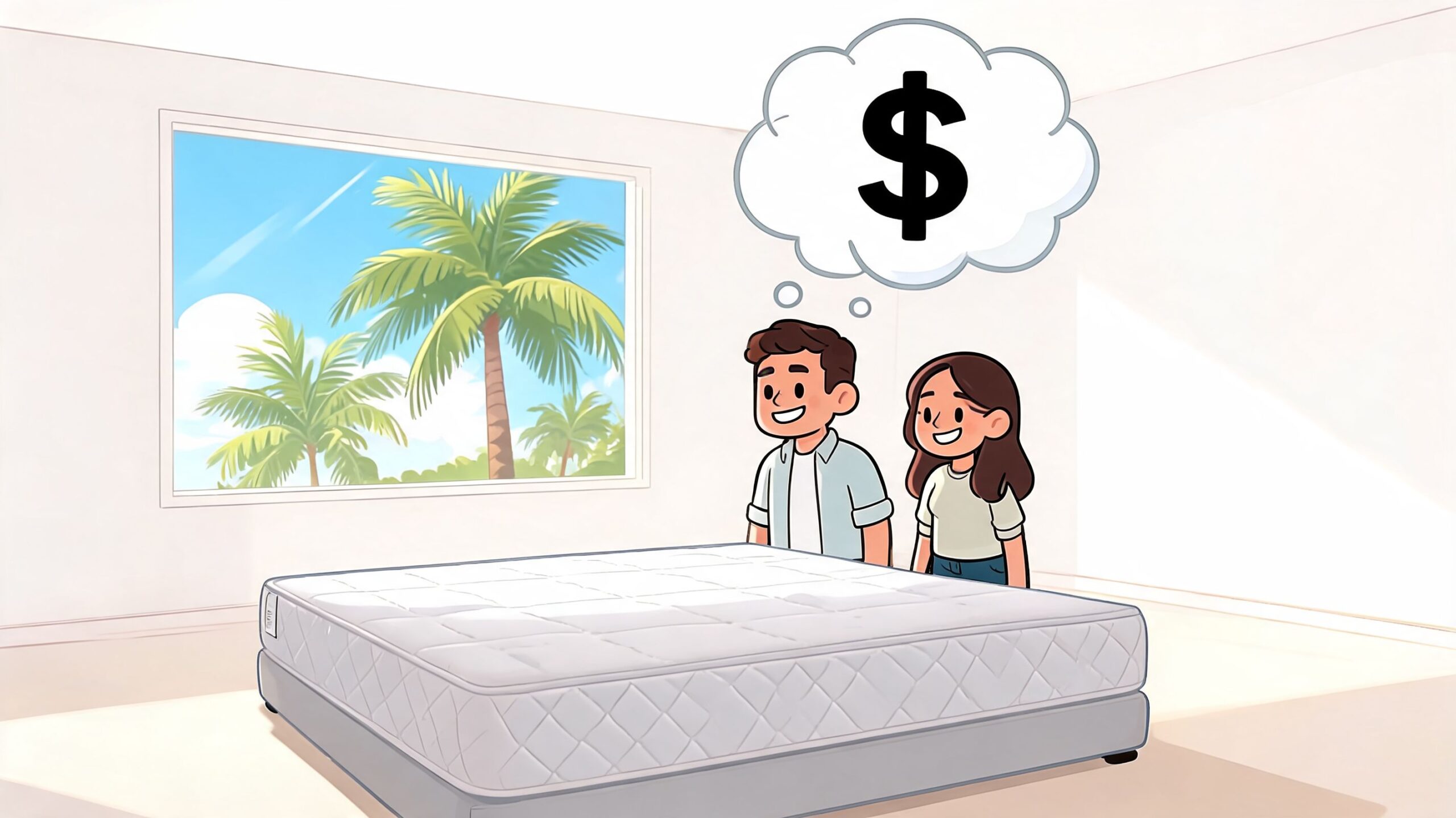 A couple looking at a mattress in a bright, modern room while thinking about the cost.