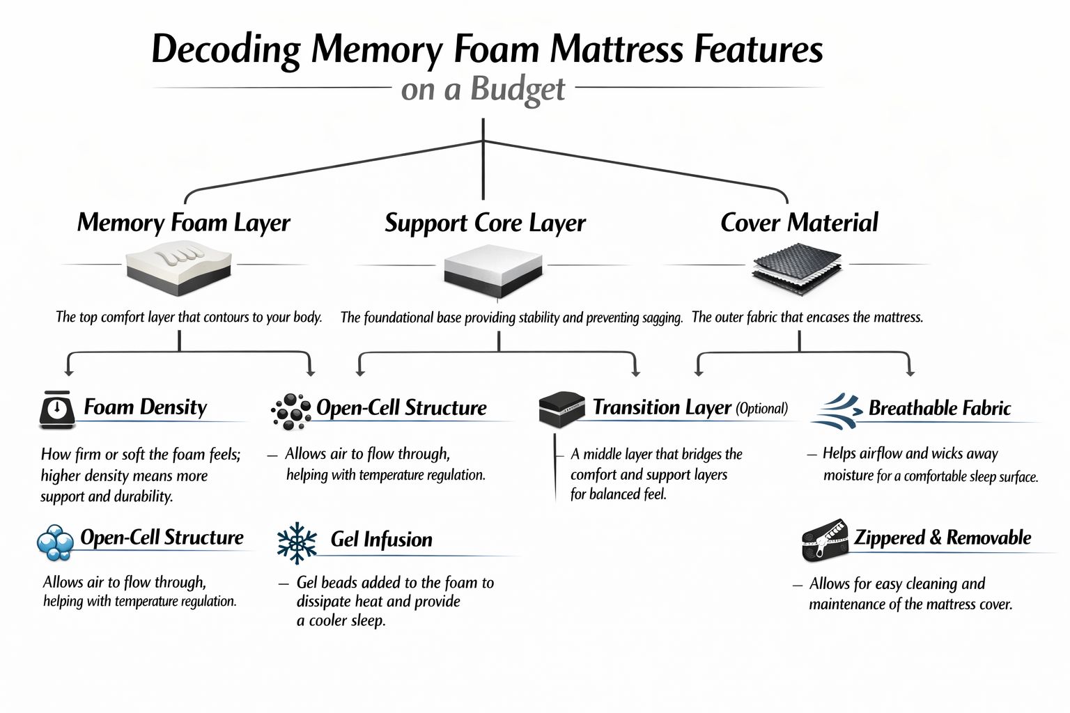 A diagram explaining key memory foam mattress features including foam density, layers, and cover material properties.
