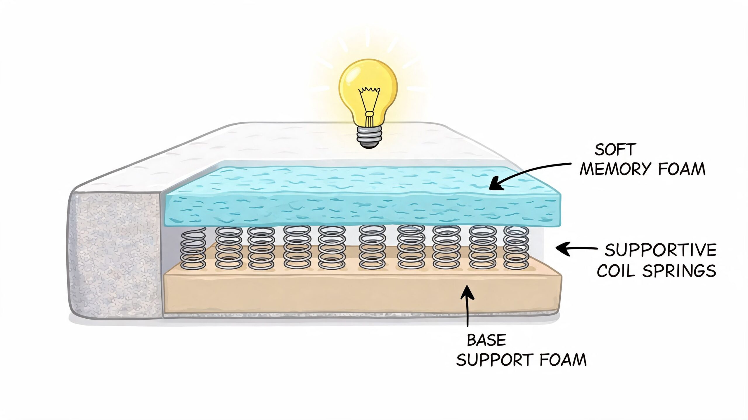A diagram of a hybrid mattress showing its layered structure of memory foam, coil springs, and base foam.