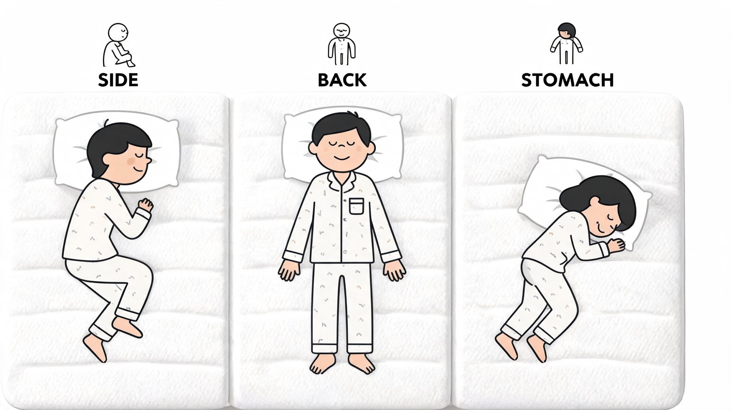 A graphic illustration showing three different sleep positions: side sleeping, back sleeping, and stomach sleeping on mattresses.