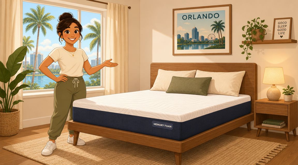 A woman standing beside a comfortable memory foam mattress on a wooden bed frame in a bedroom.
