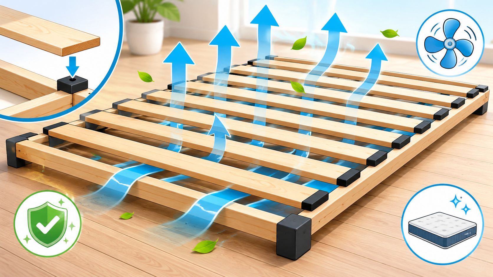 A wooden slatted bed base showing airflow with arrows and icons for mattress protection and cooling.