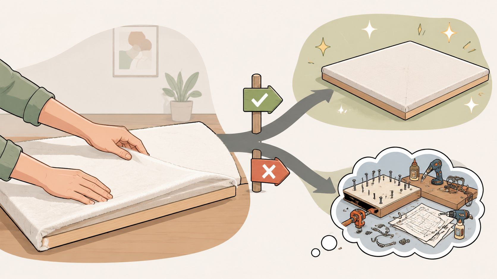 An illustration showing a successful DIY bunkie board project versus a messy and failed assembly attempt.