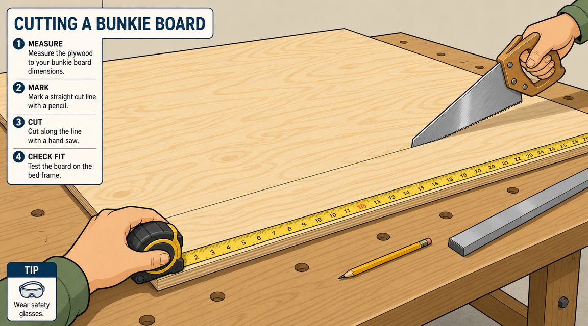 An illustration showing a person measuring and marking a sheet of plywood to cut a bunkie board.