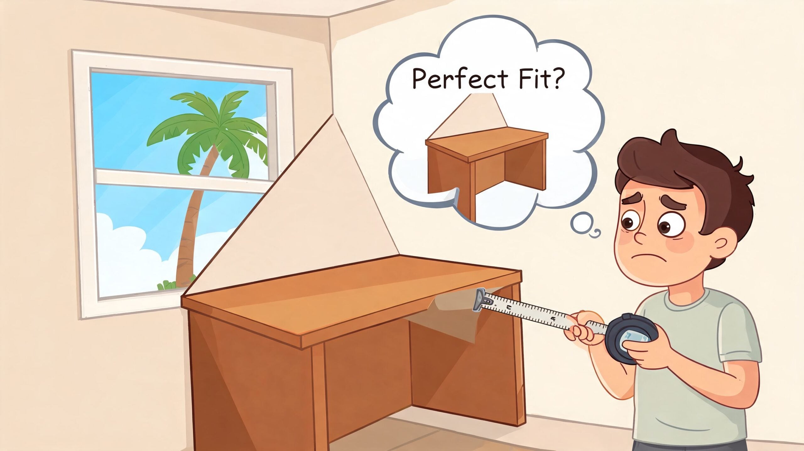 A young boy looking confused while measuring a wooden desk to see if it fits in his room.
