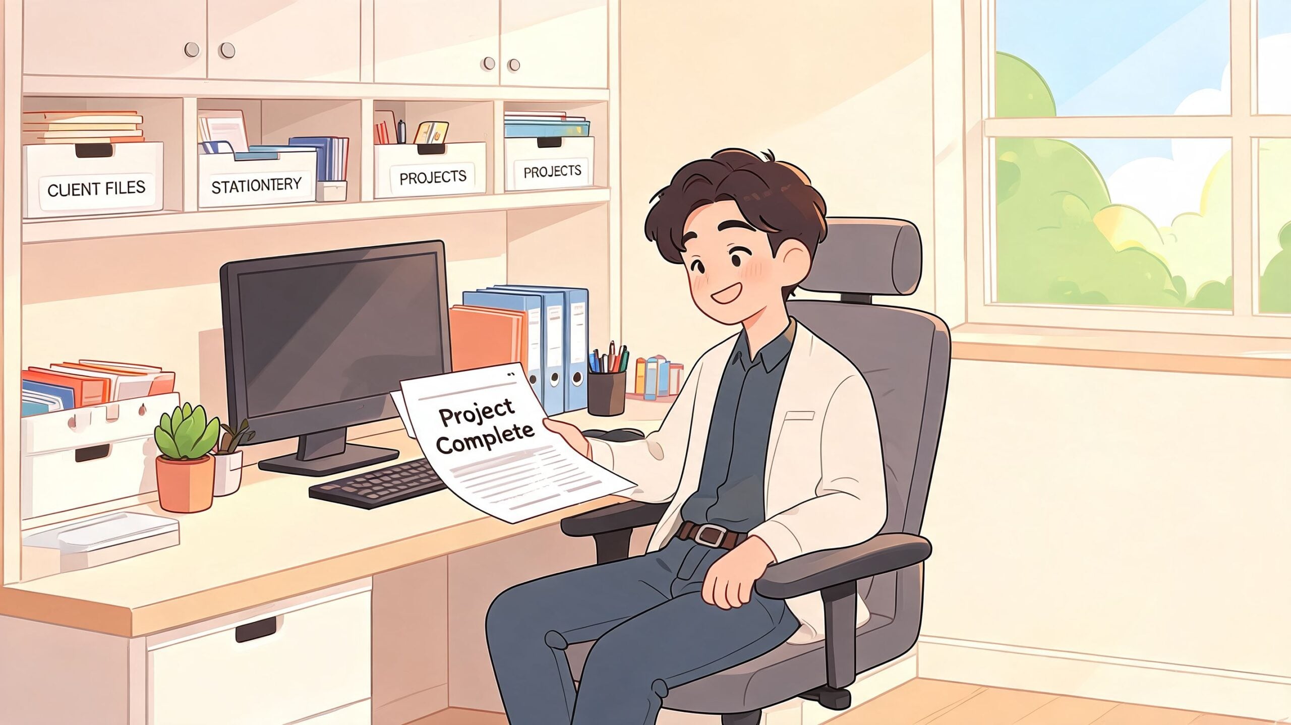 A young professional man sitting at his desk in a tidy, modern home office holding project papers.