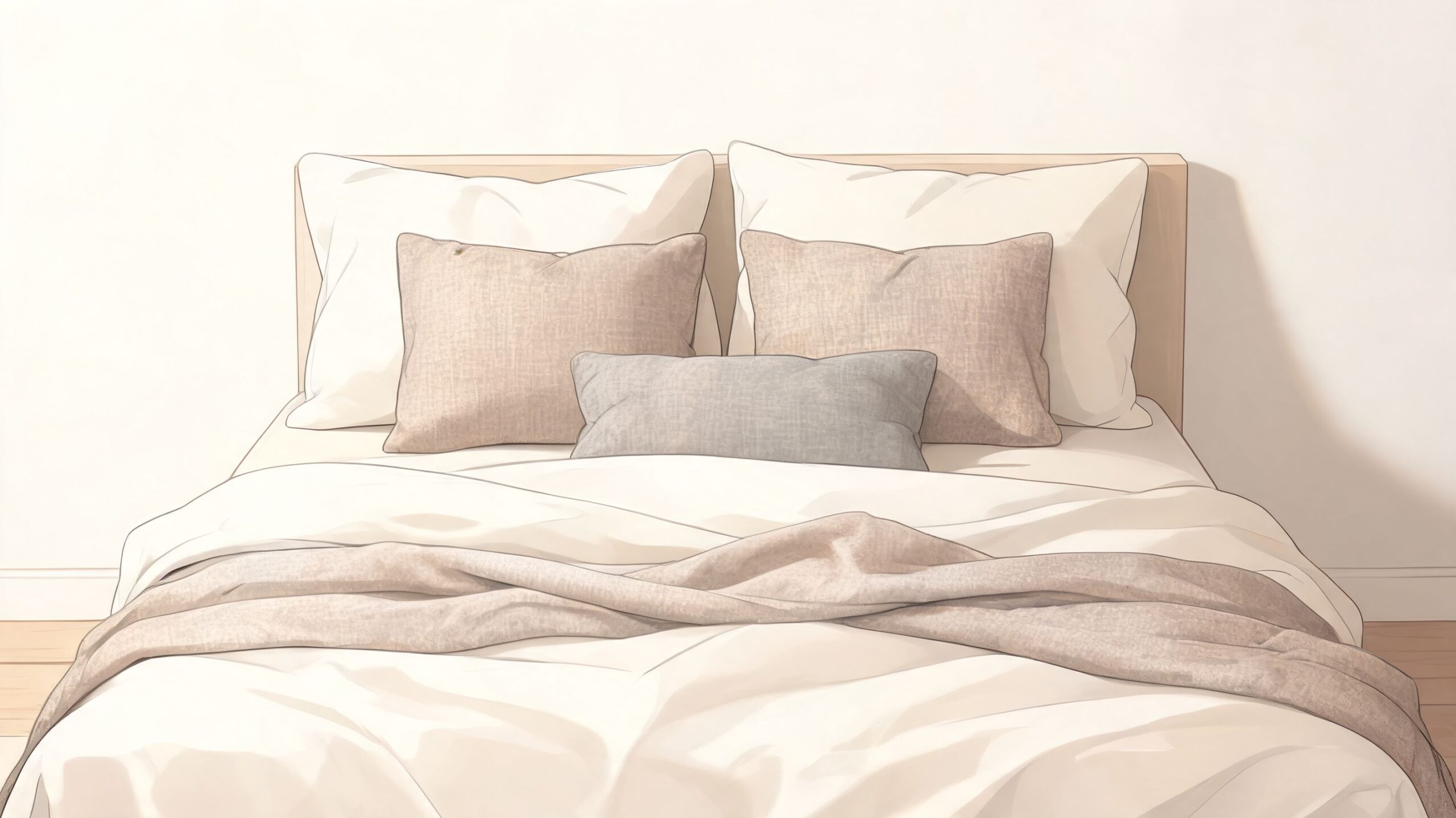 A neatly made bed with neutral bedding, multiple beige and grey pillows, and a soft throw blanket.