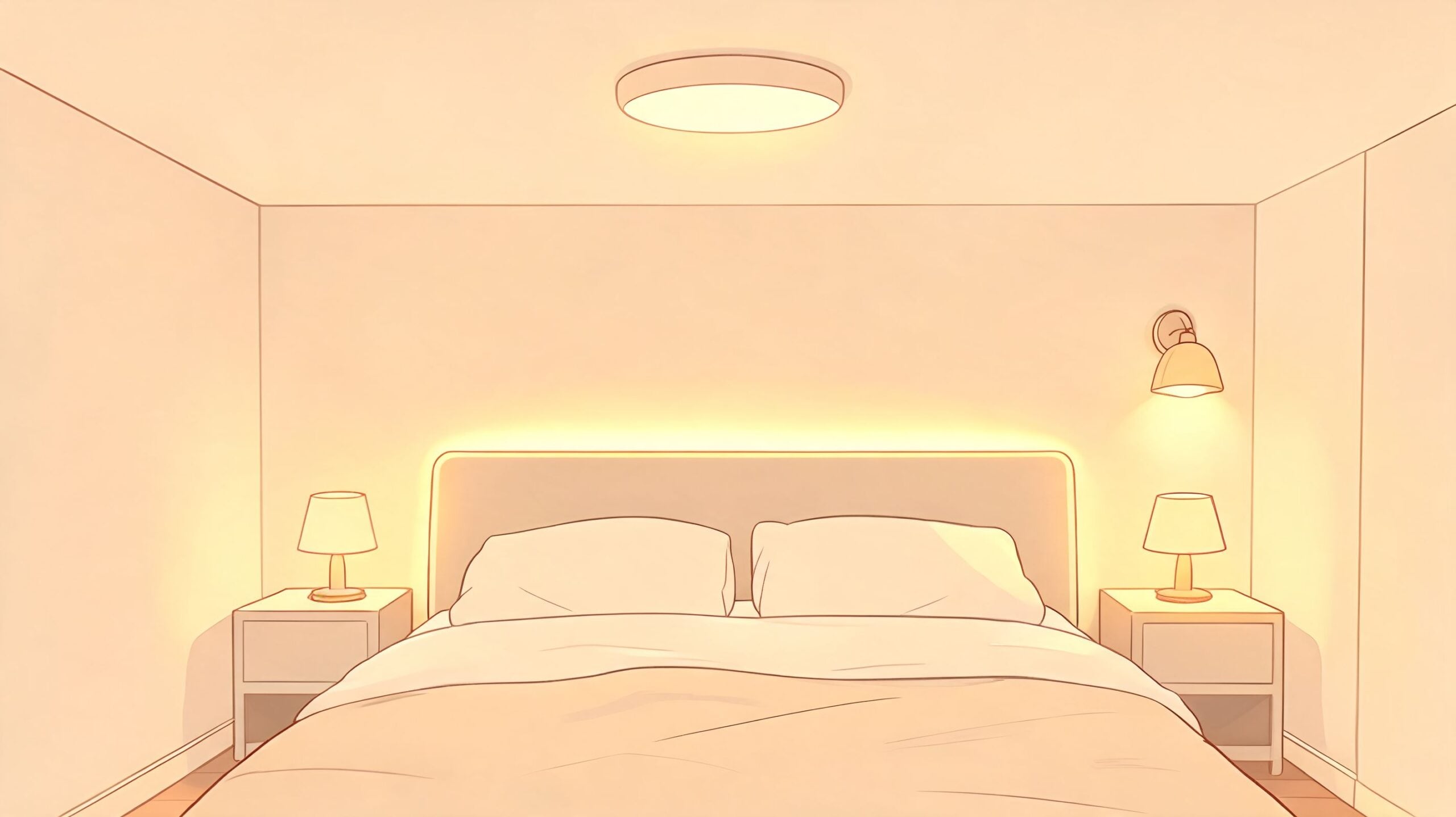 A cozy, minimalist master bedroom featuring a neatly made bed with warm, ambient lighting from lamps and LEDs.