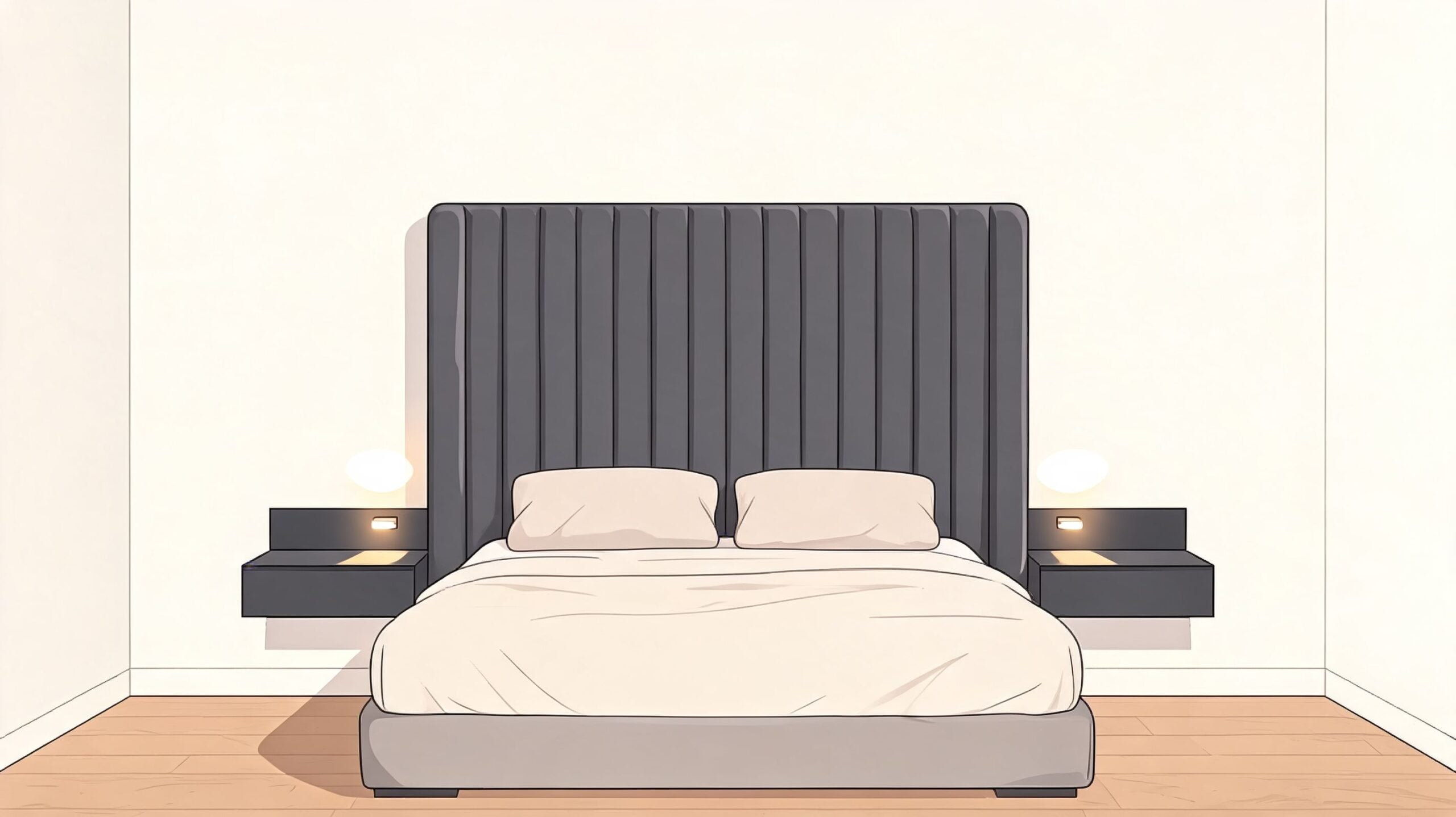A modern minimalist master bedroom featuring a large grey vertical channel tufted headboard and floating nightstands.