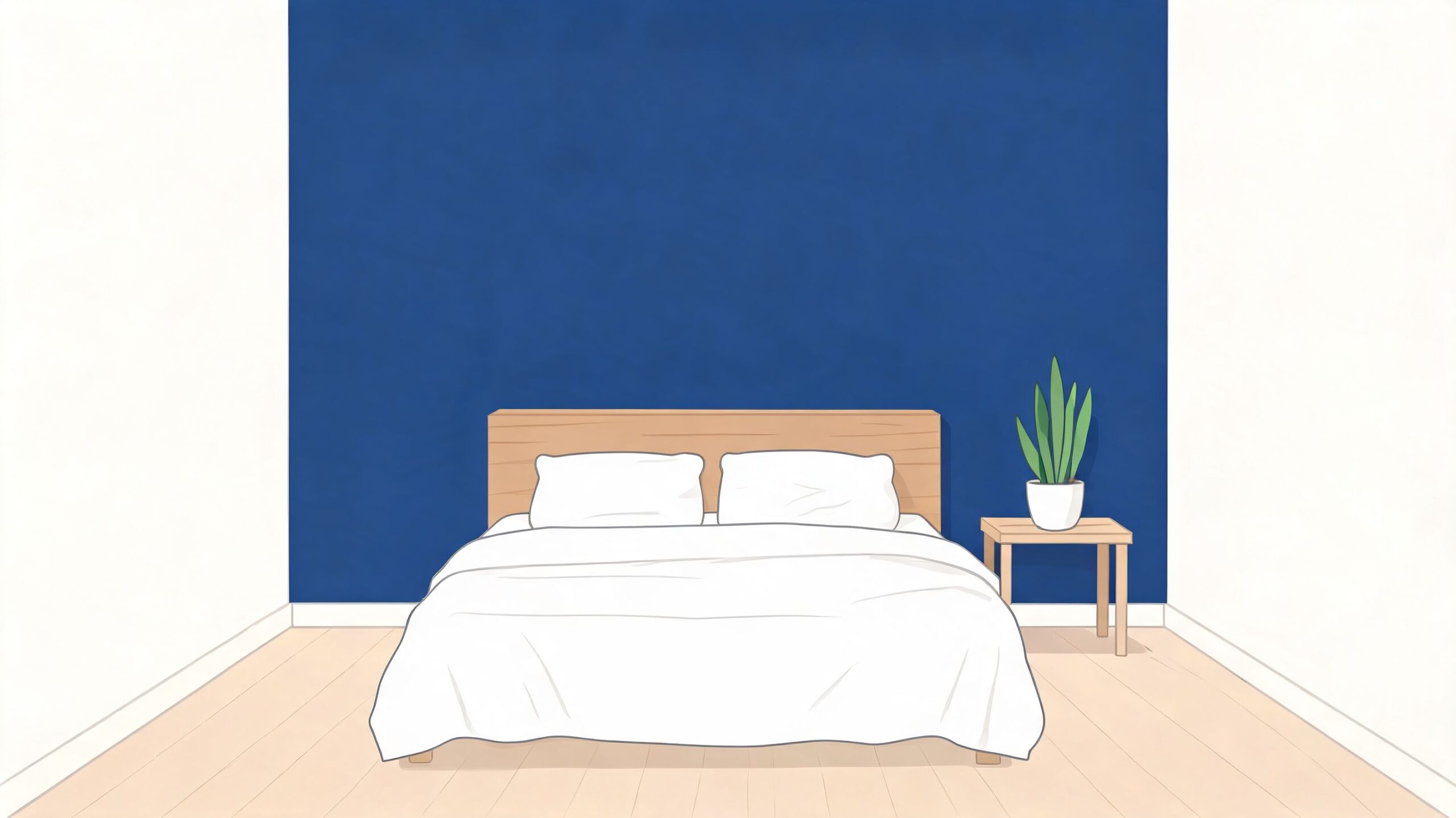 A modern bedroom with a blue accent wall, wooden headboard, white bedding, and a potted plant.
