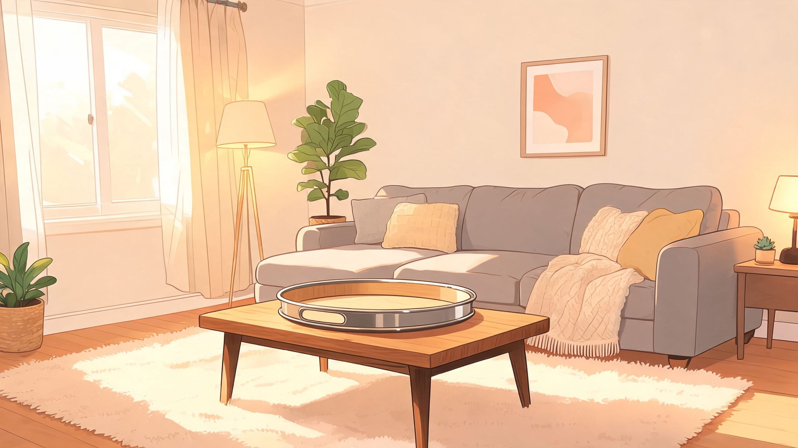 A cozy, sunlit living room featuring a decorative serving tray on a wooden coffee table near a sofa.