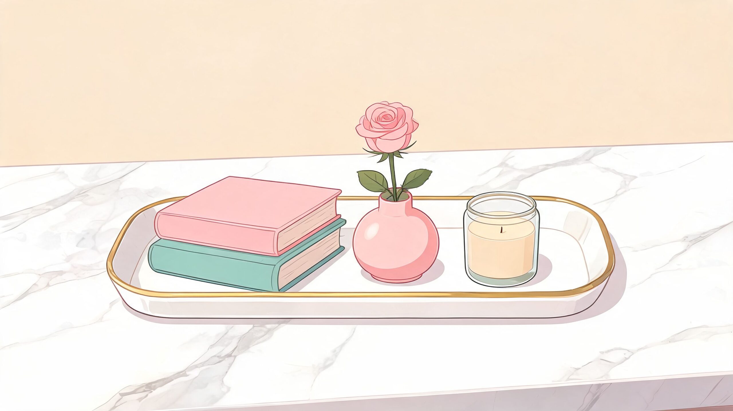 A minimal aesthetic arrangement on a white marble surface featuring books, a rose in a vase, and a candle.
