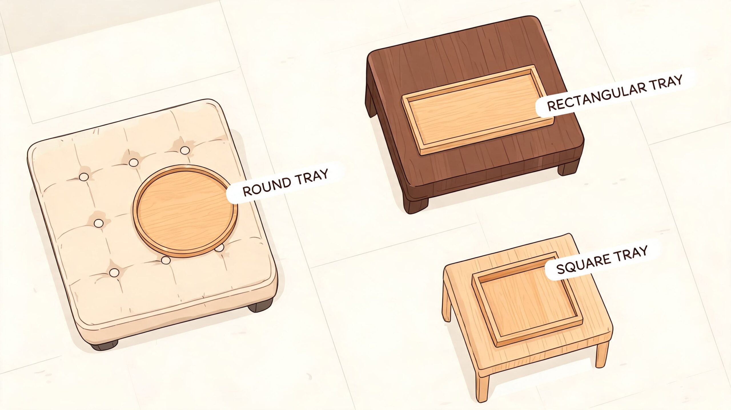 Three different wooden serving trays in round, rectangular, and square shapes displayed on matching furniture pieces.