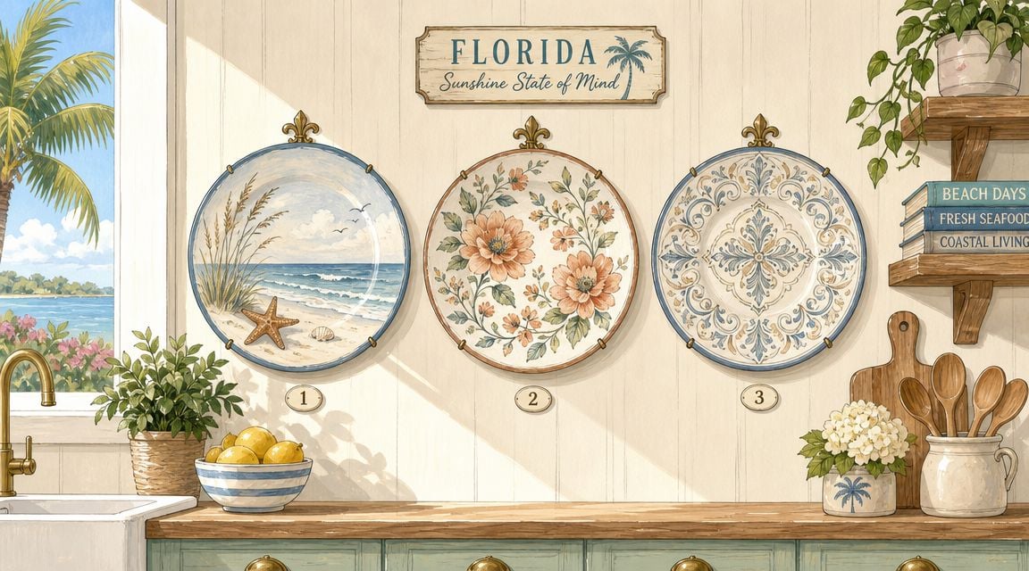 Three decorative wall plates featuring coastal, floral, and intricate patterns hanging above a rustic kitchen counter.