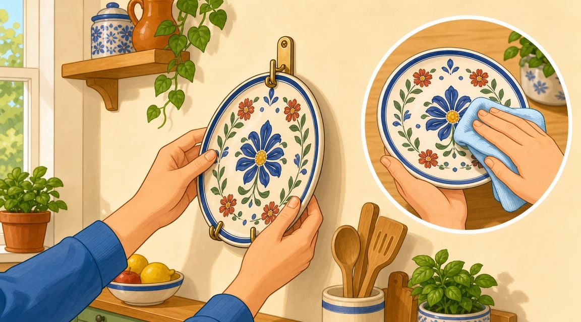 A person hanging a decorative floral kitchen plate on a wall next to cooking utensils and plants.