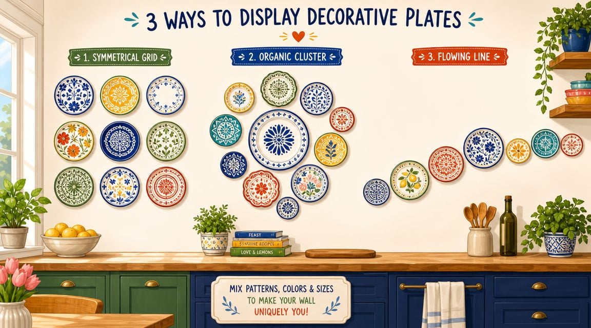 A kitchen wall showing three artistic ways to display decorative plates in a grid, cluster, or flow.