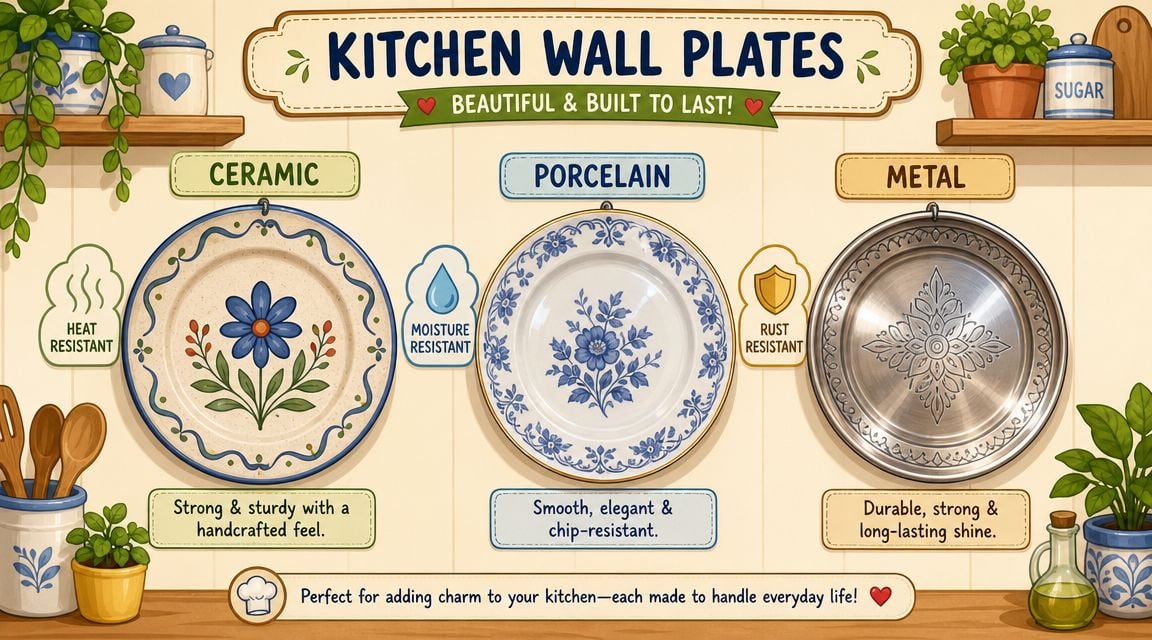 A decorative wall display showcasing three types of kitchen wall plates: ceramic, porcelain, and metal.