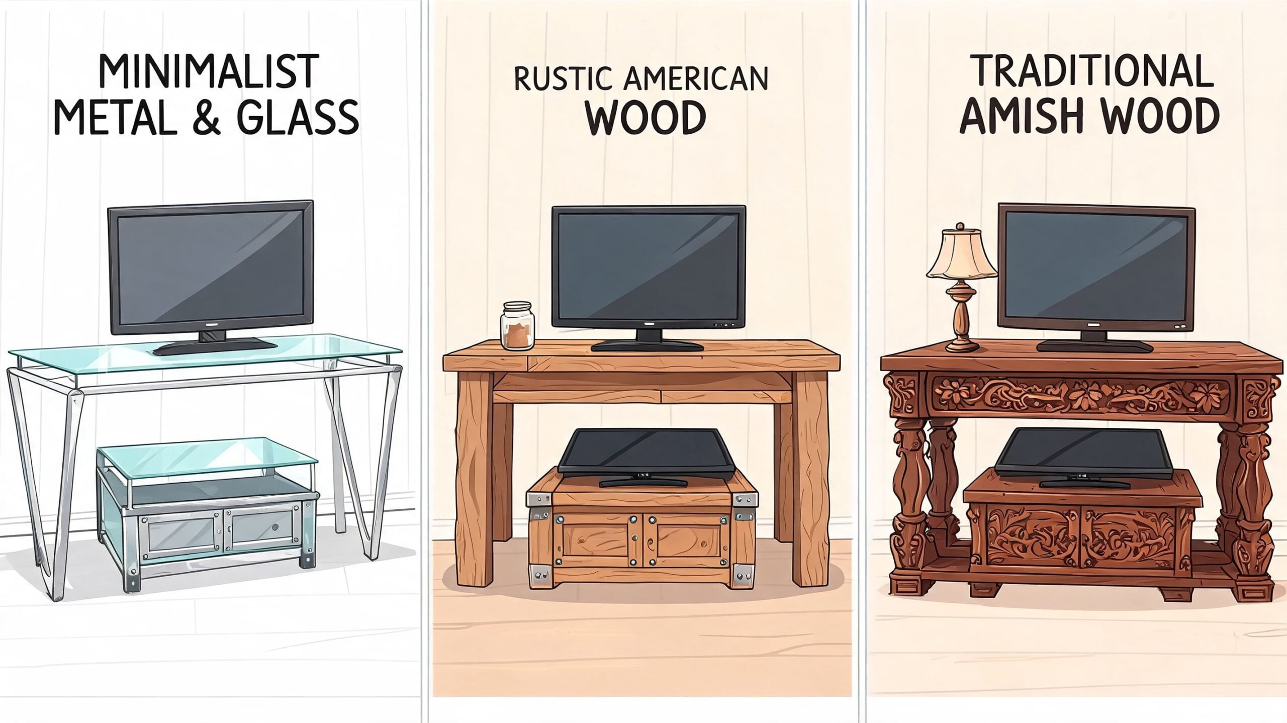A three-panel illustration showing television setups with minimalist, rustic, and traditional wooden furniture styles.