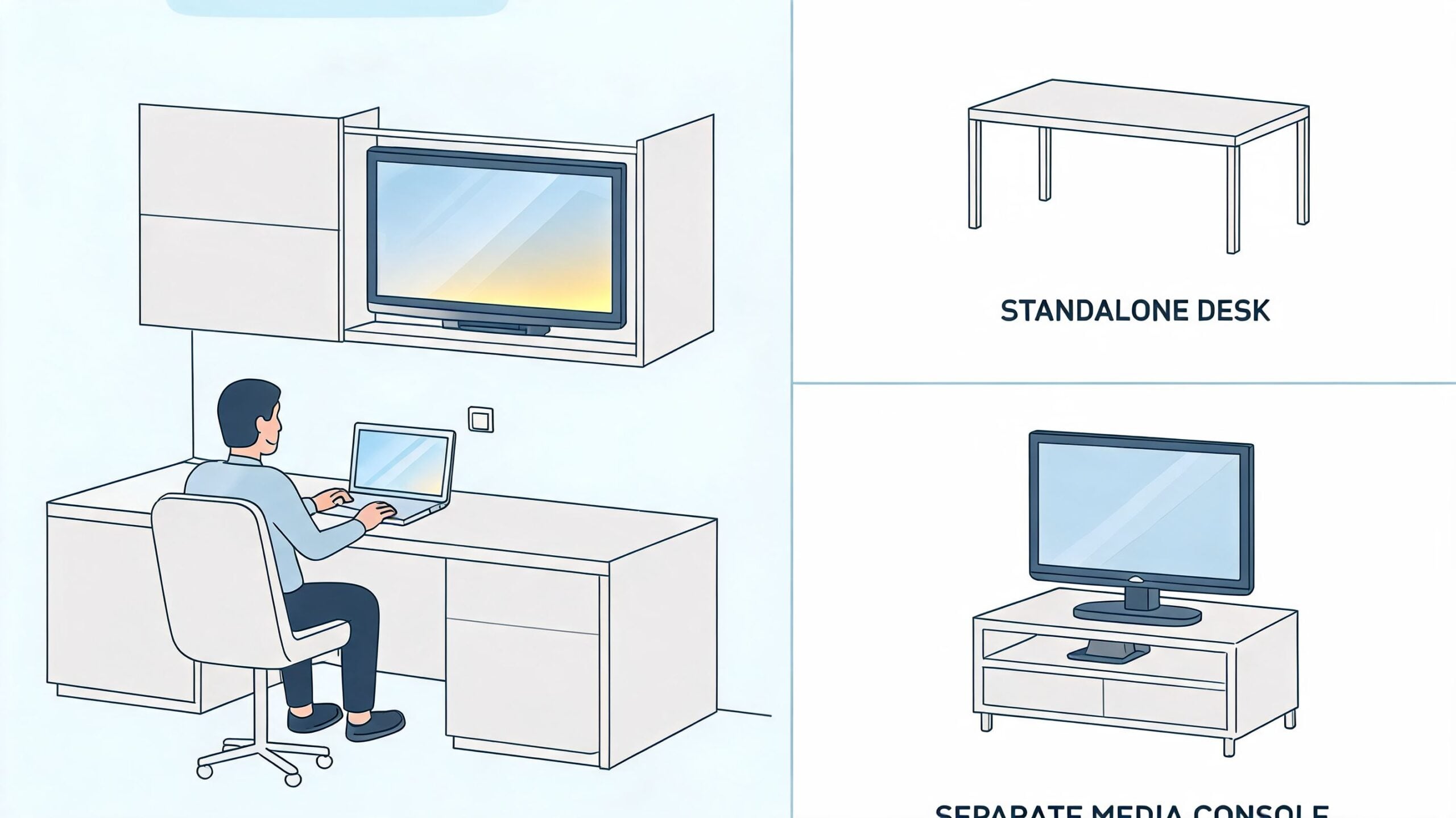 A diagram comparing a combined desk and TV unit with a standalone desk and media console.